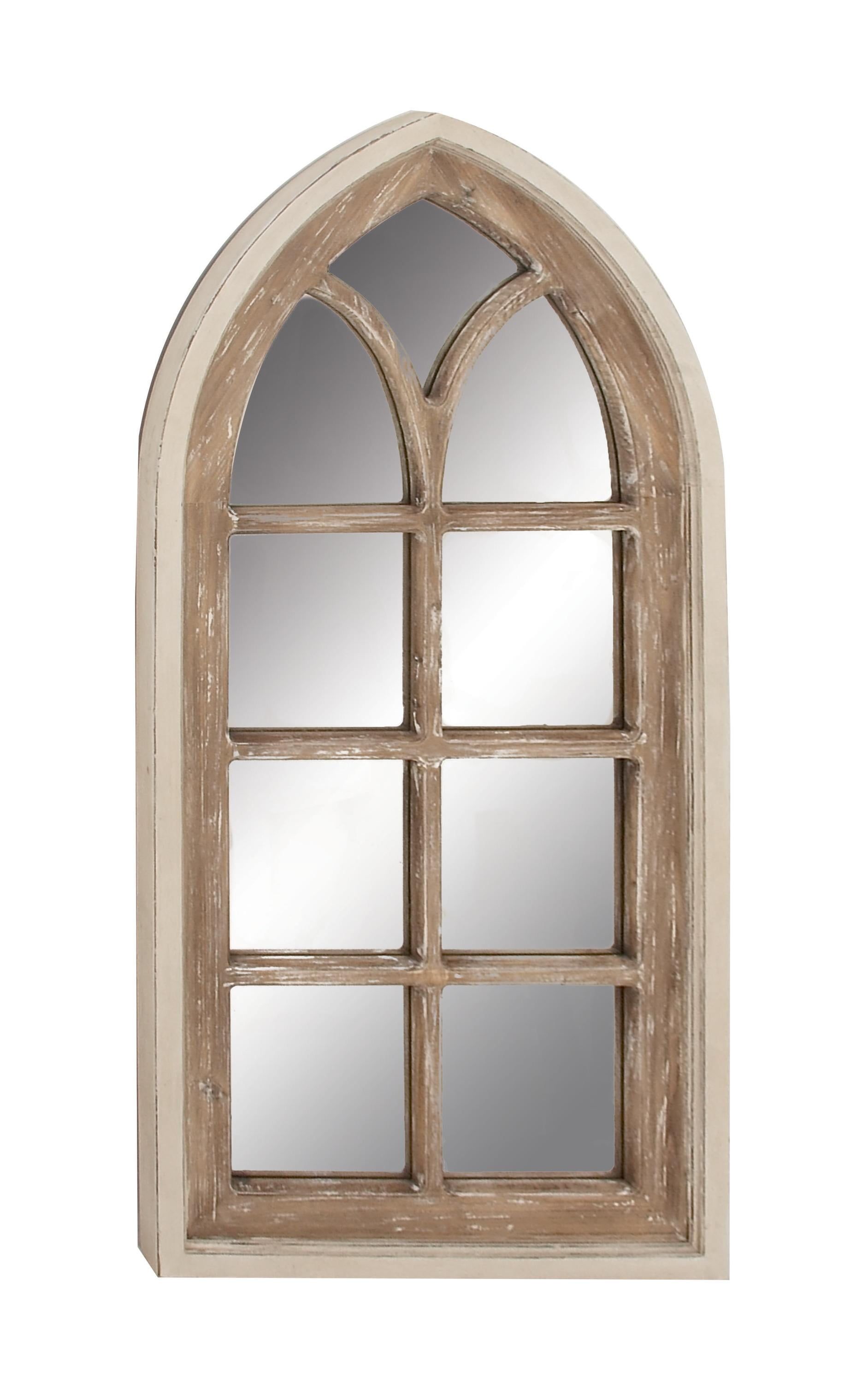 Brown Distressed Wood Arched Window Pane Wall Mirror