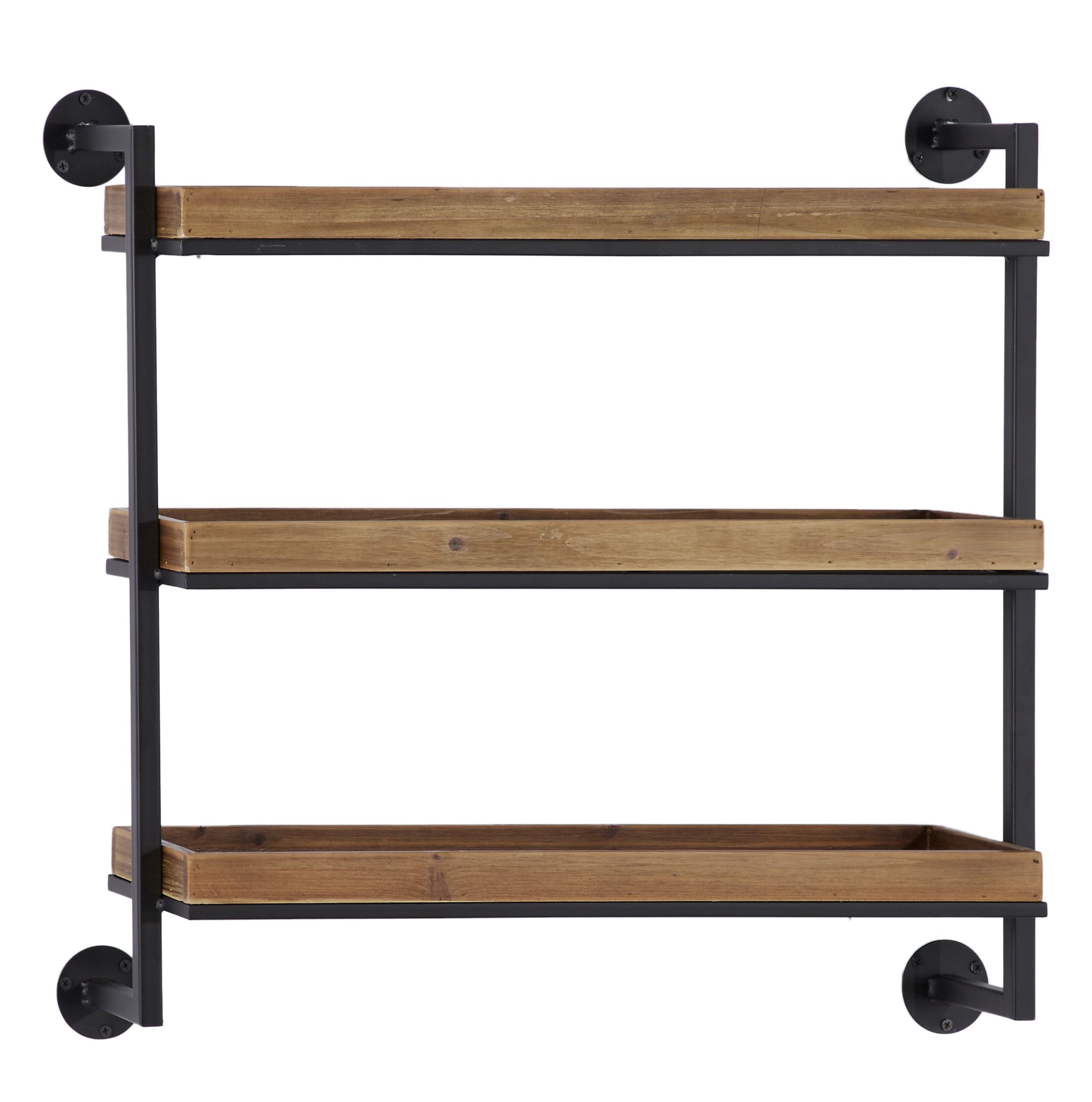 Chestnut Brown Solid Wood 3-Tier Industrial Wall Shelf