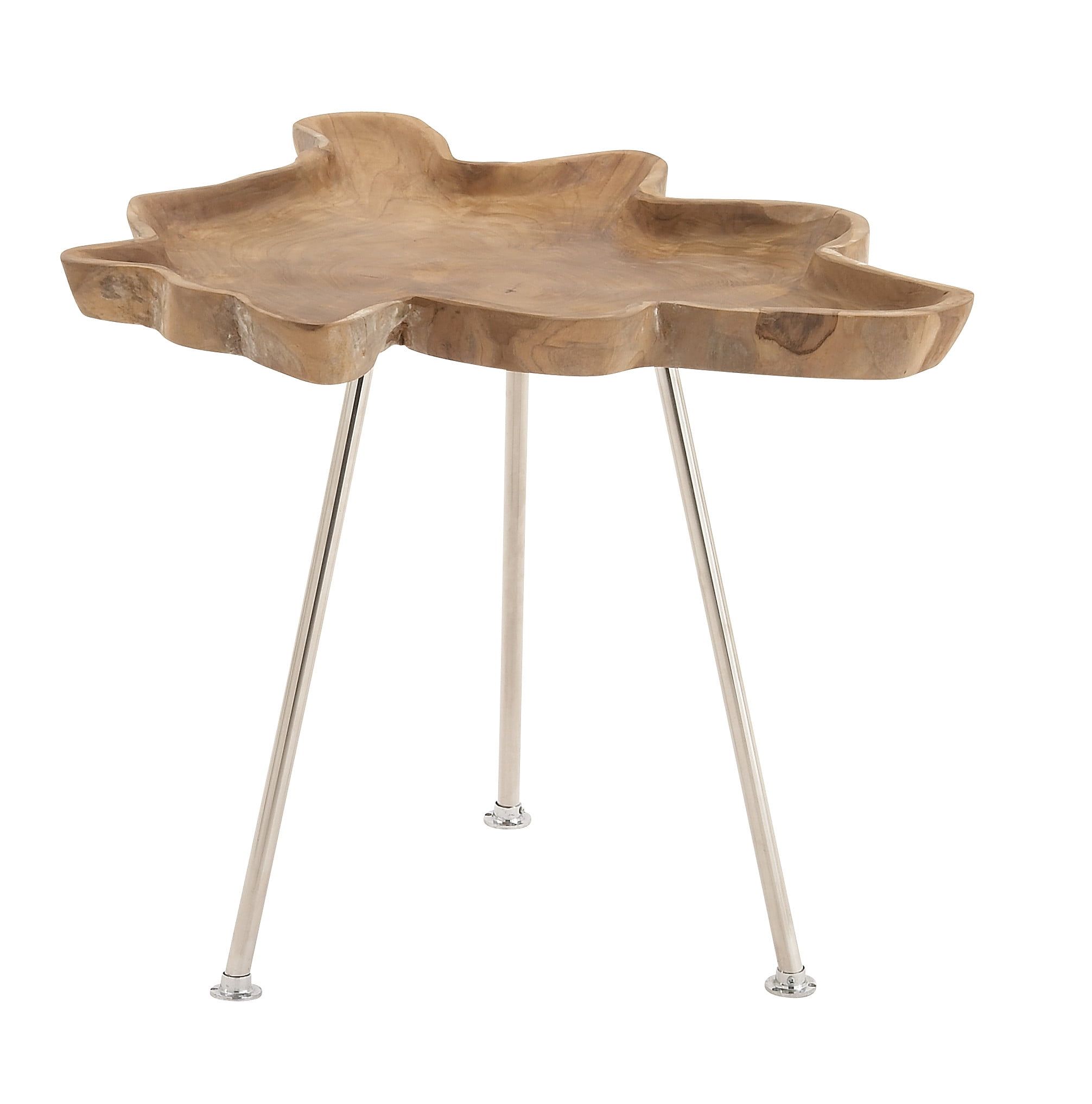 Abstract Teak Wood Accent Table with Silver Metal Legs