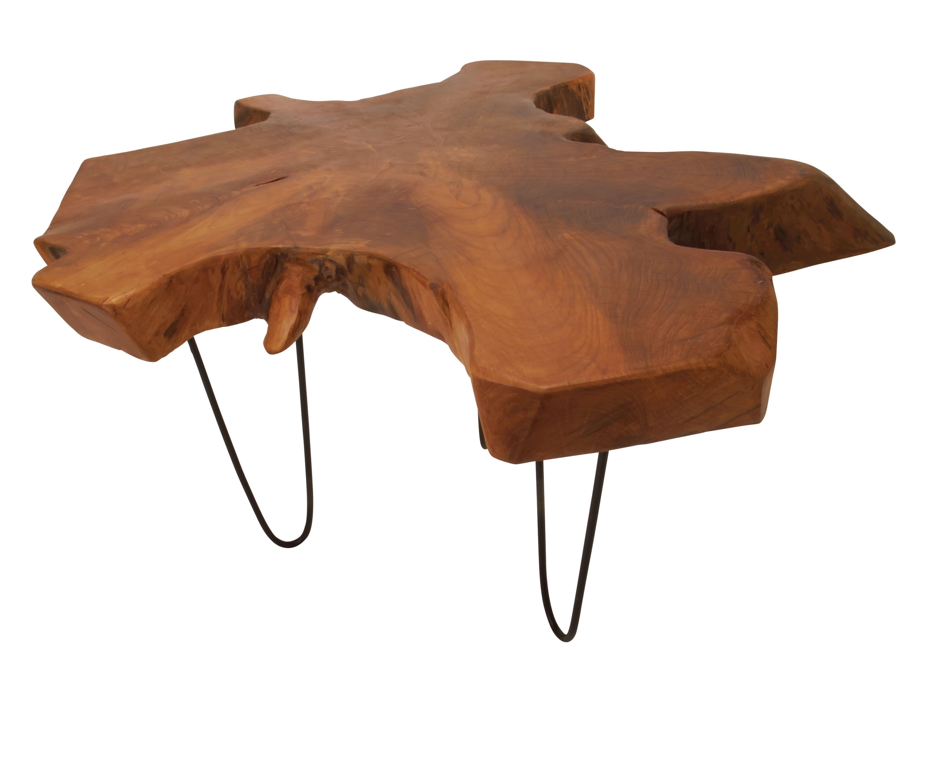 Teak Live Edge Round Coffee Table with Black Metal Hairpin Legs