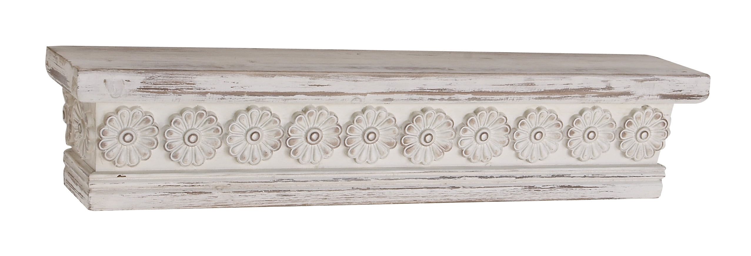 Charming White Wood Floating Wall Shelf with Floral Carving, 39"