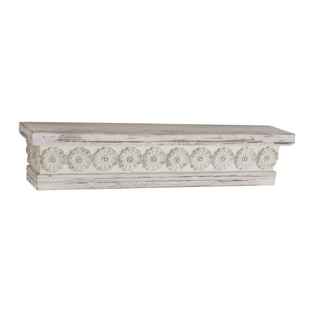 Charming White Wood Floating Wall Shelf with Floral Carving, 39"