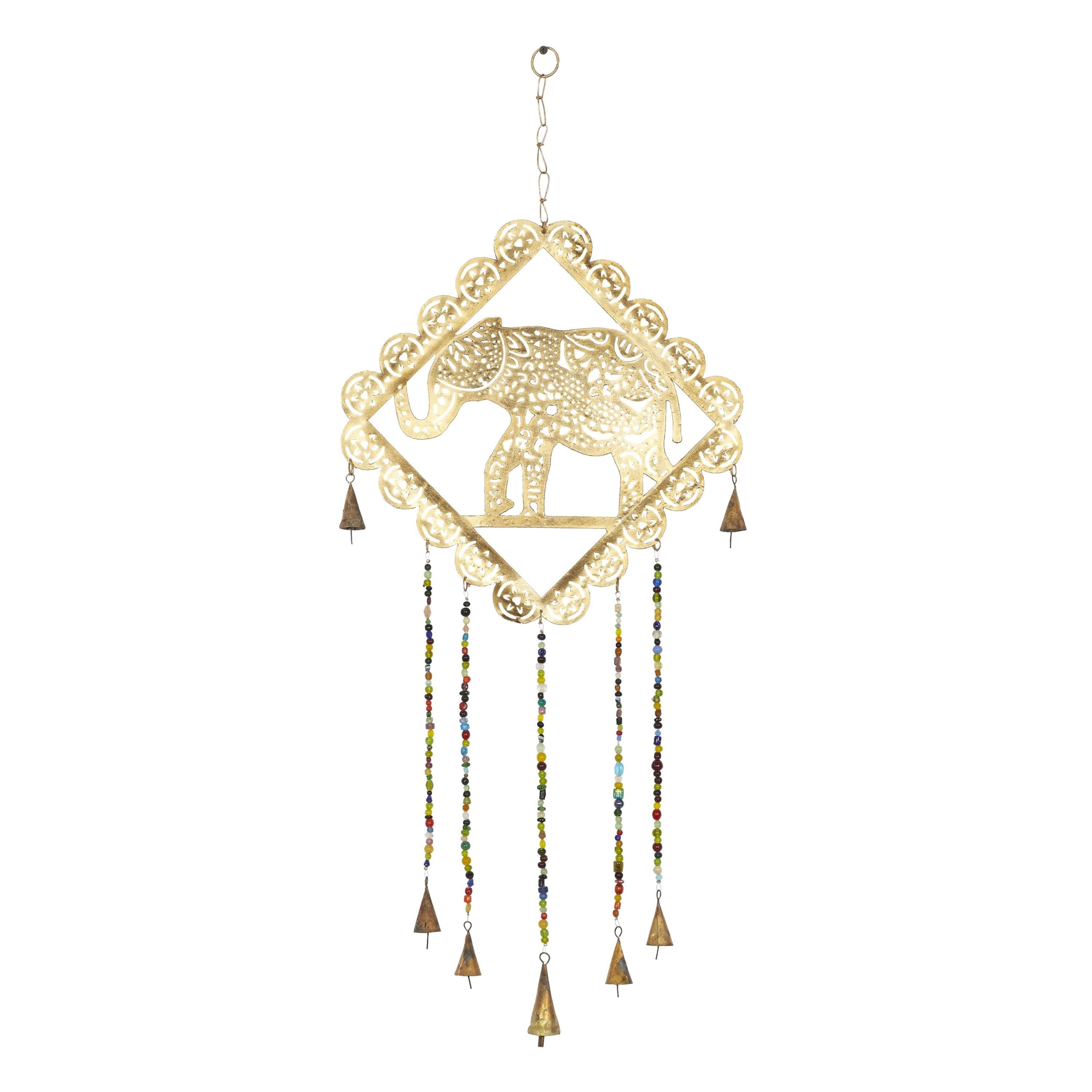 Gold Metal Elephant Windchime with Glass Beads and Bells