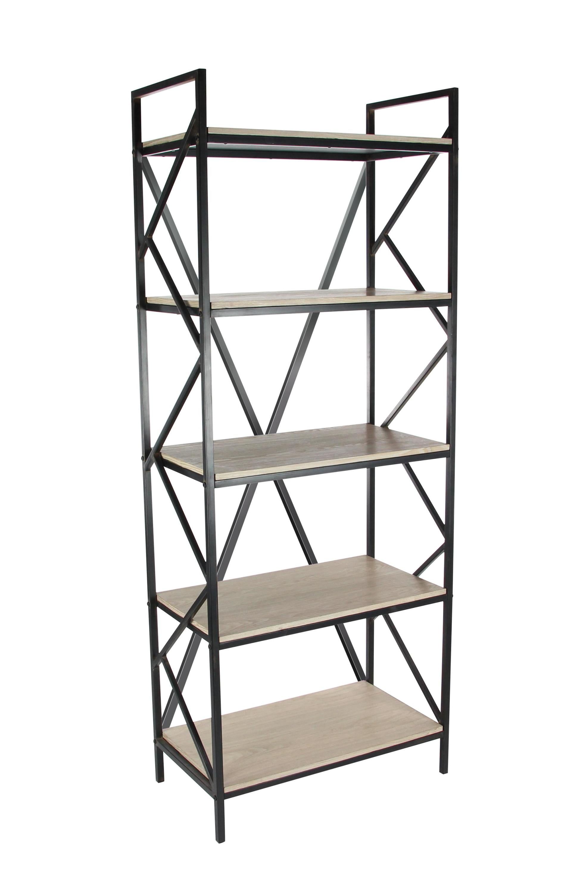 Industrial Brown Wood and Black Metal 5-Tier Étagère