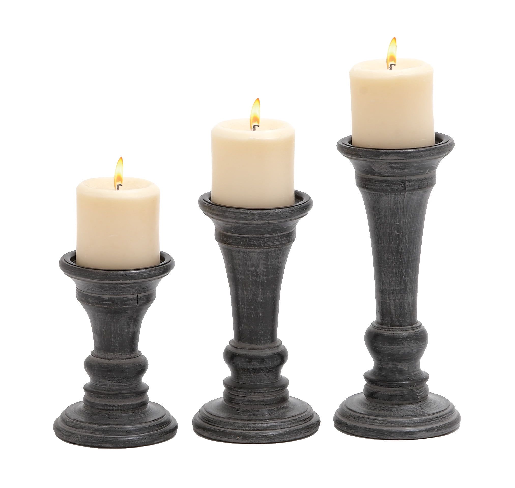 Black Mango Wood Ridge Embellished Candle Holders, Set of 3