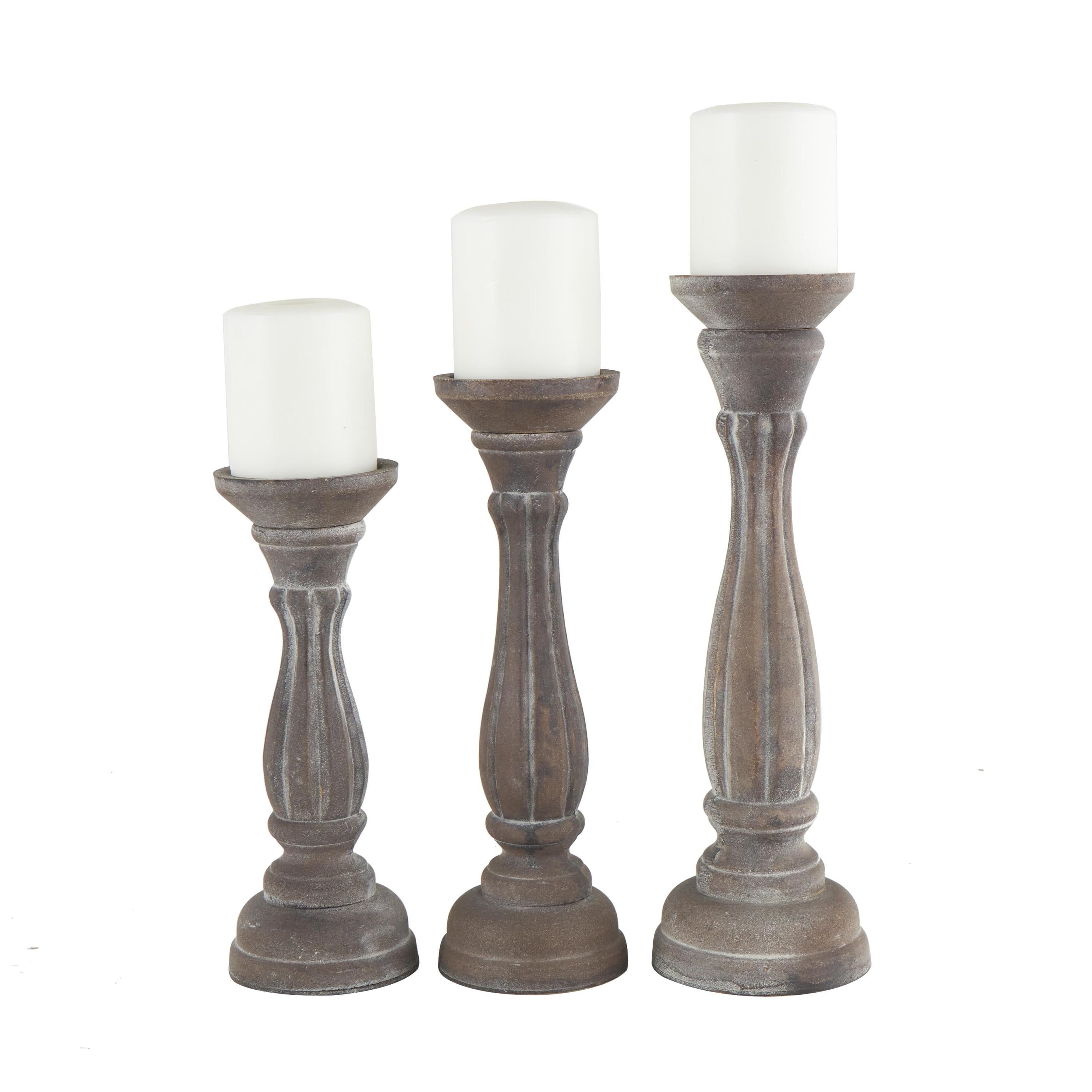 Rustic Brown Wood Ridge Embellished Candle Holder Set