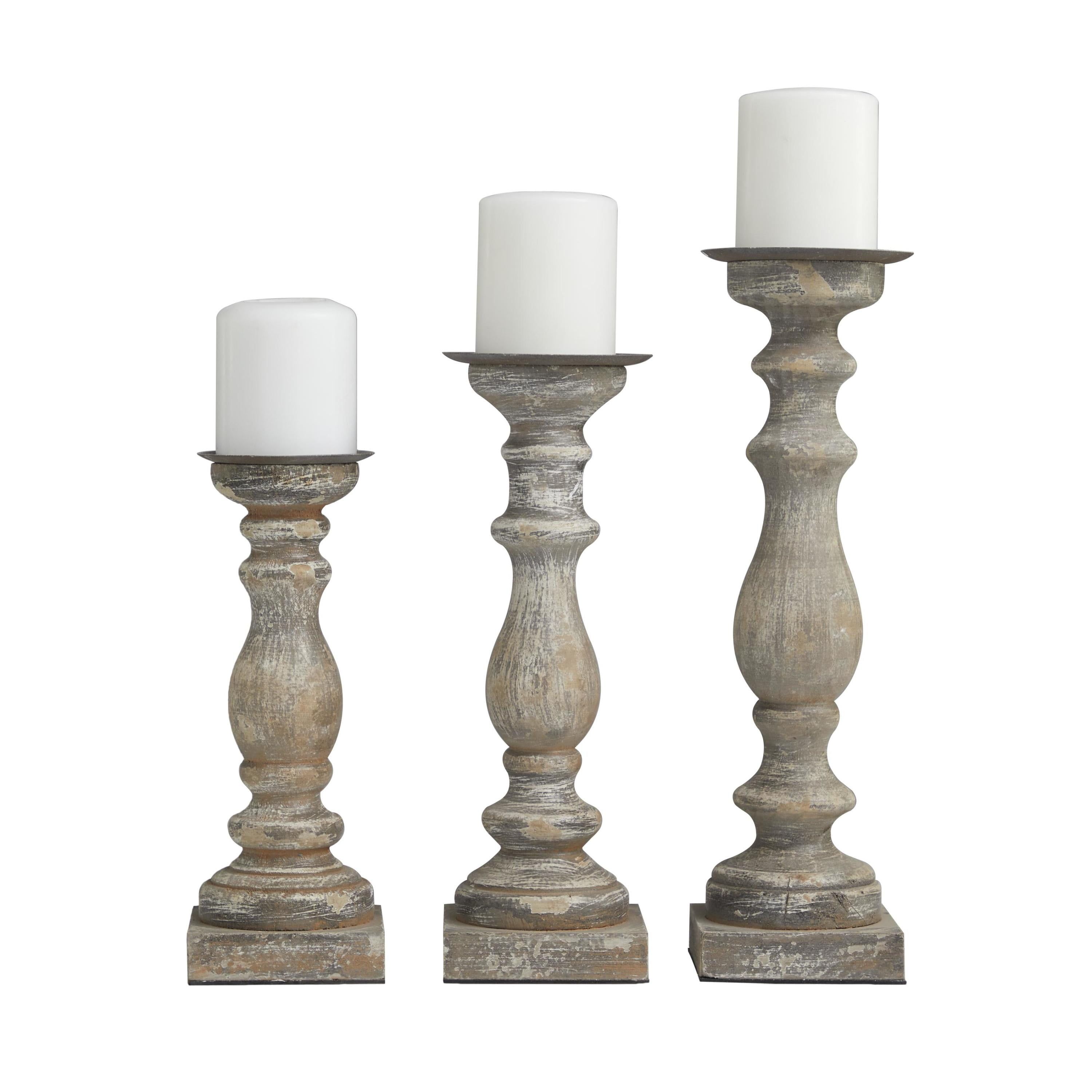 Elegant Rustic Brown Wooden Candlestick Trio, 15" Height