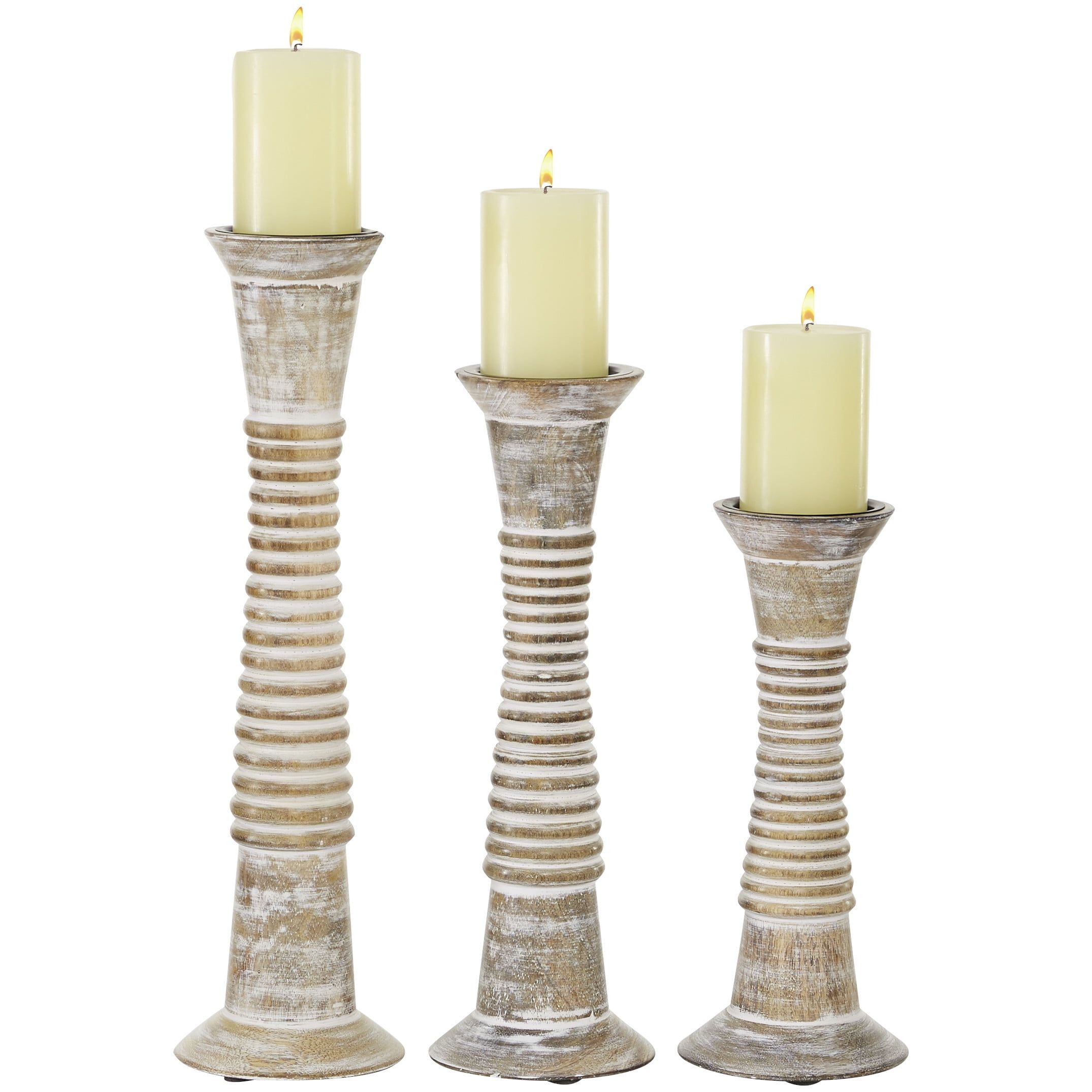 Elegant Rustic Wood Pillar Candlestick Trio, 18" Height