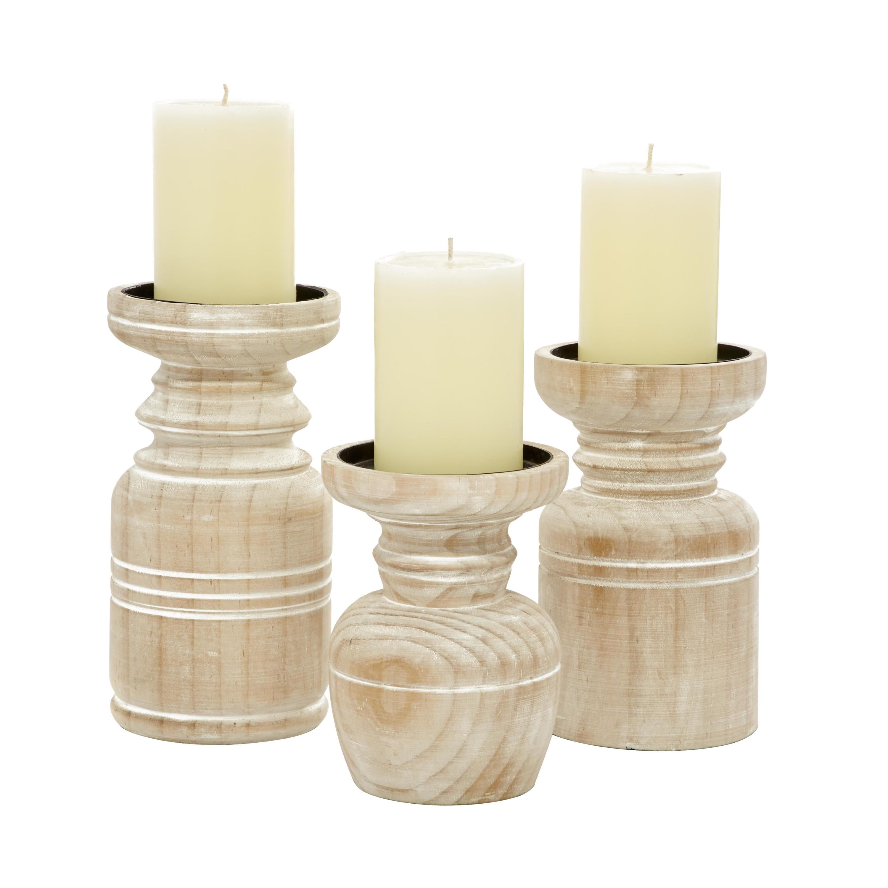 Brown Distressed Wood Geometric Candlestick Set, 8.65" Height