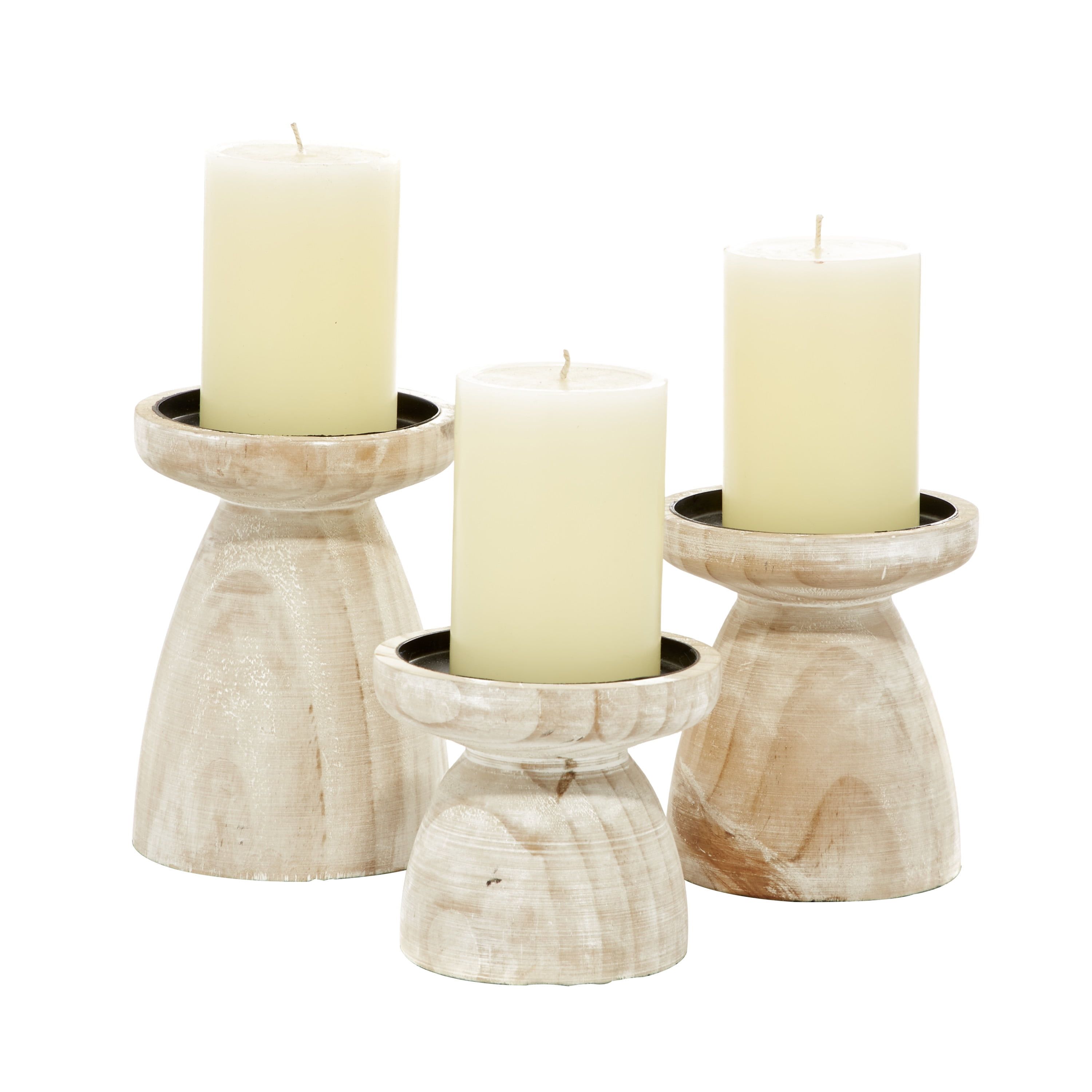 Rustic Brown Wood Pillar Candle Holders, Set of 3