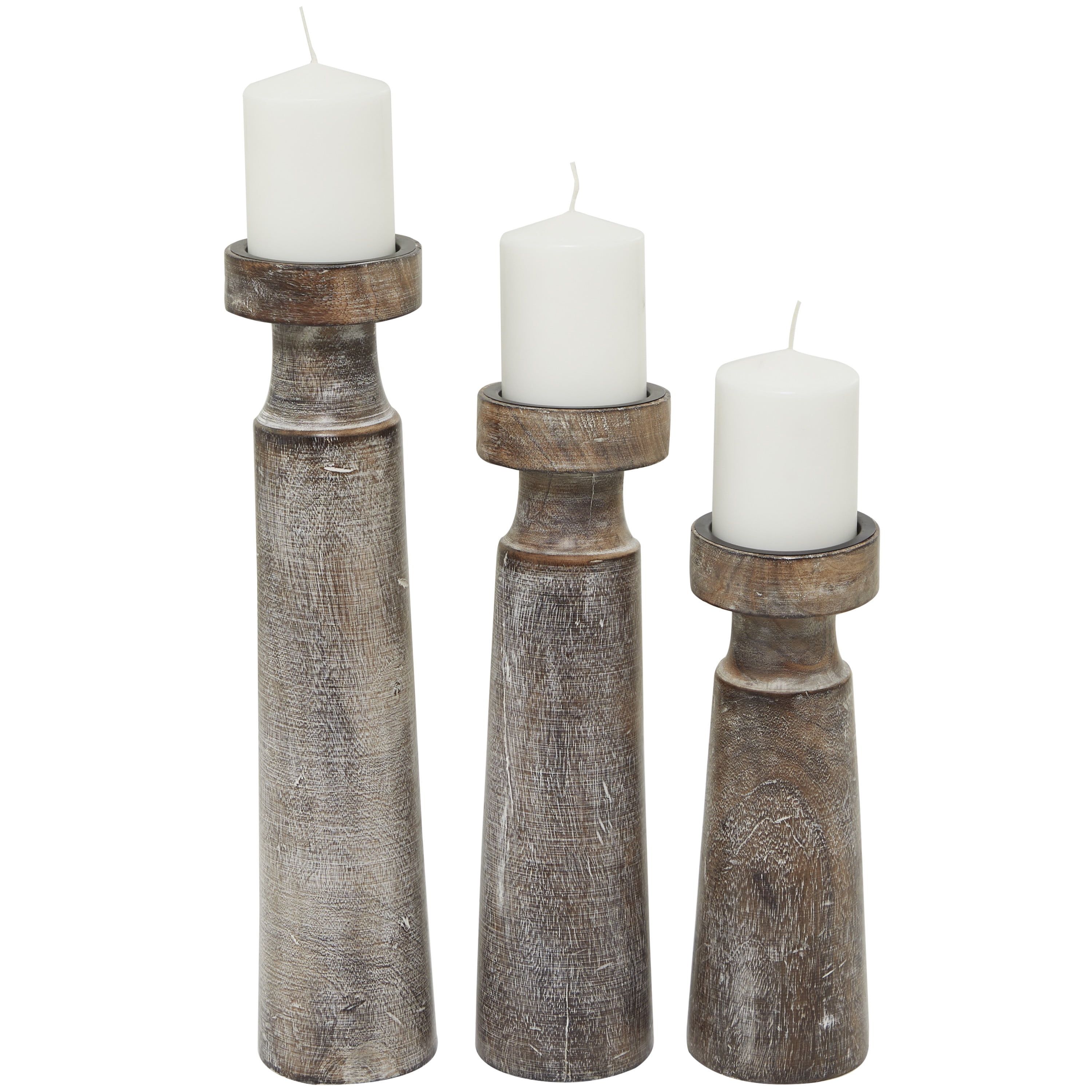 Dark Brown Mango Wood Coastal Candle Holder Set