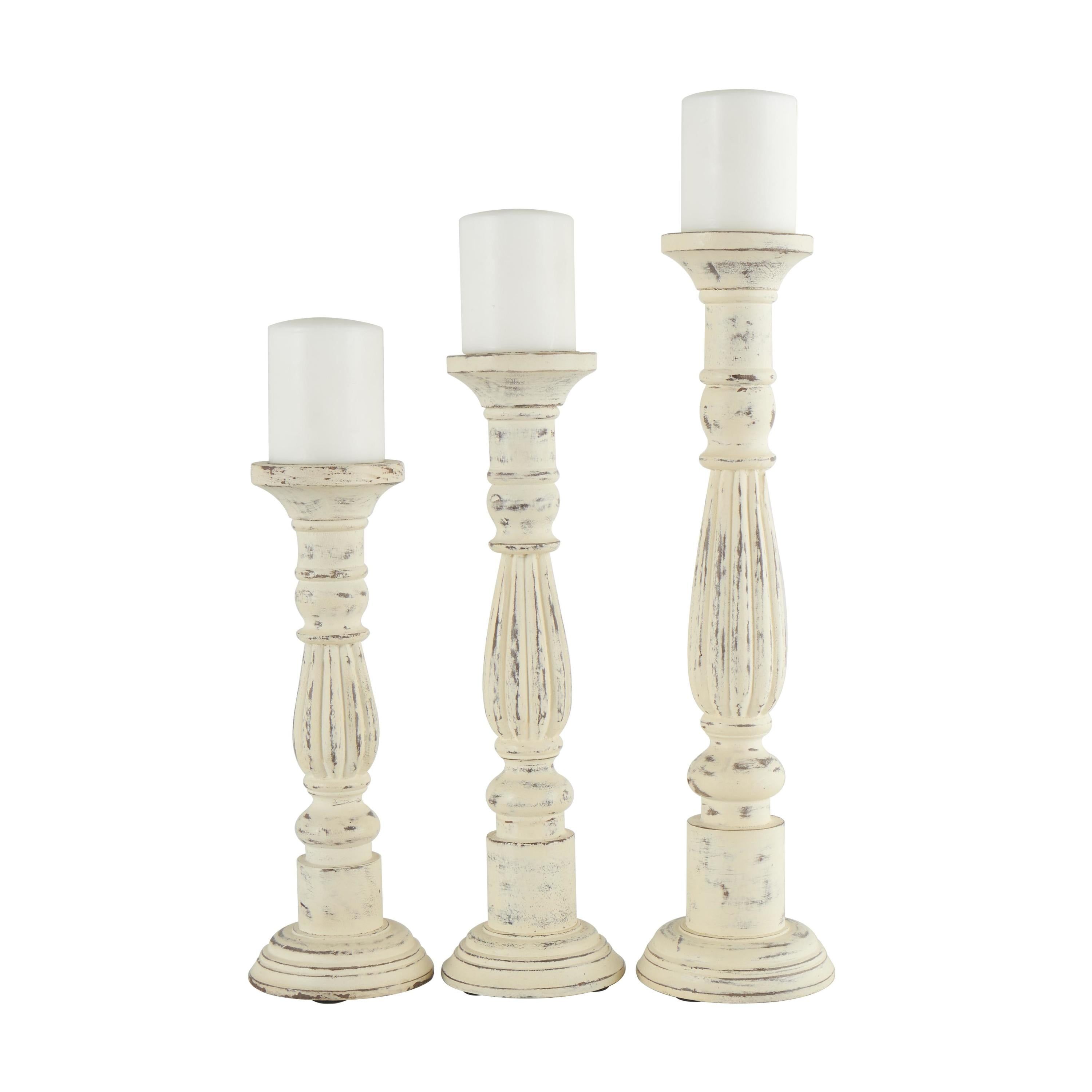 Distressed White Mango Wood Candle Holder Set, 21" 17" 15"