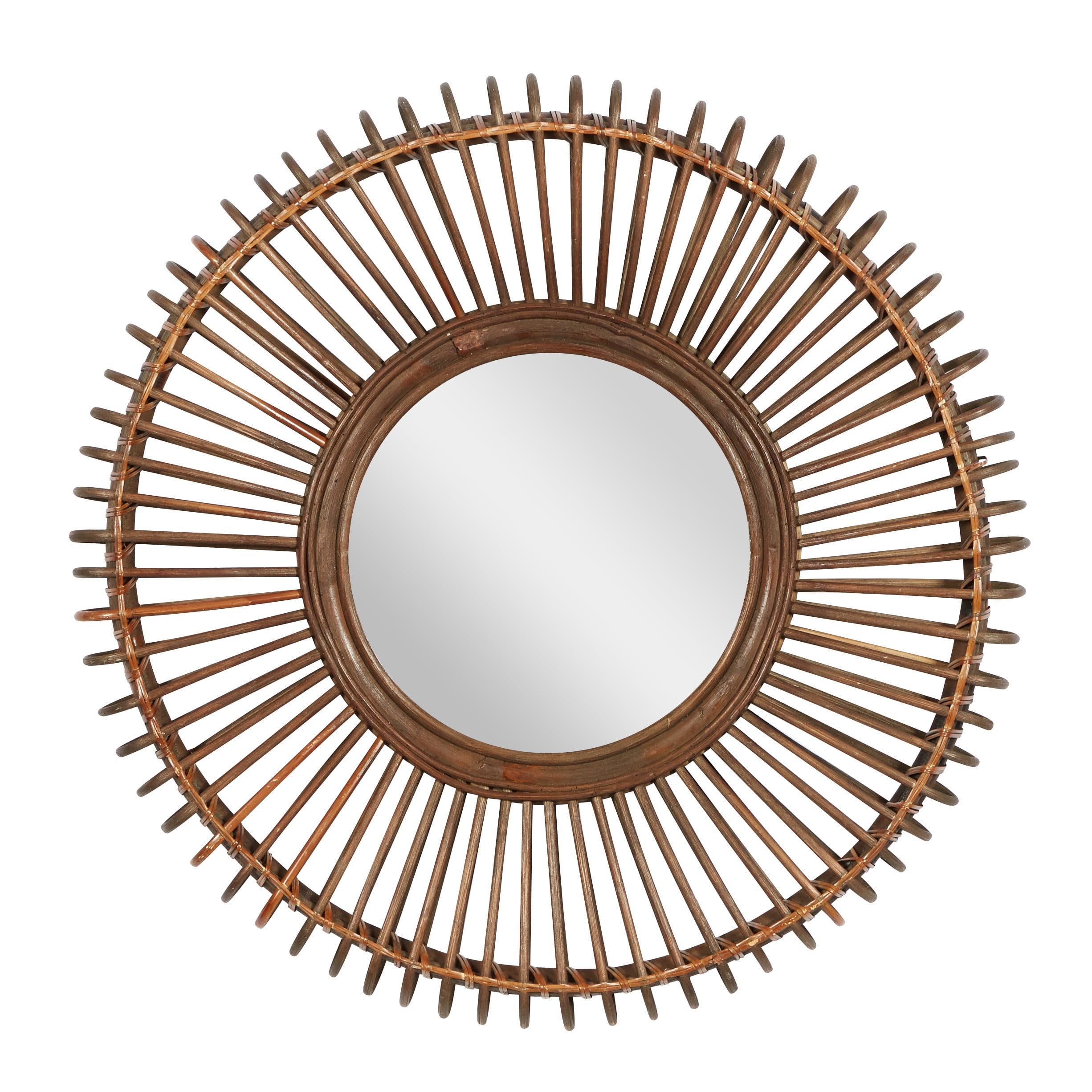 Sunburst Boho Chic Round Wall Mirror in Warm Brown Wood