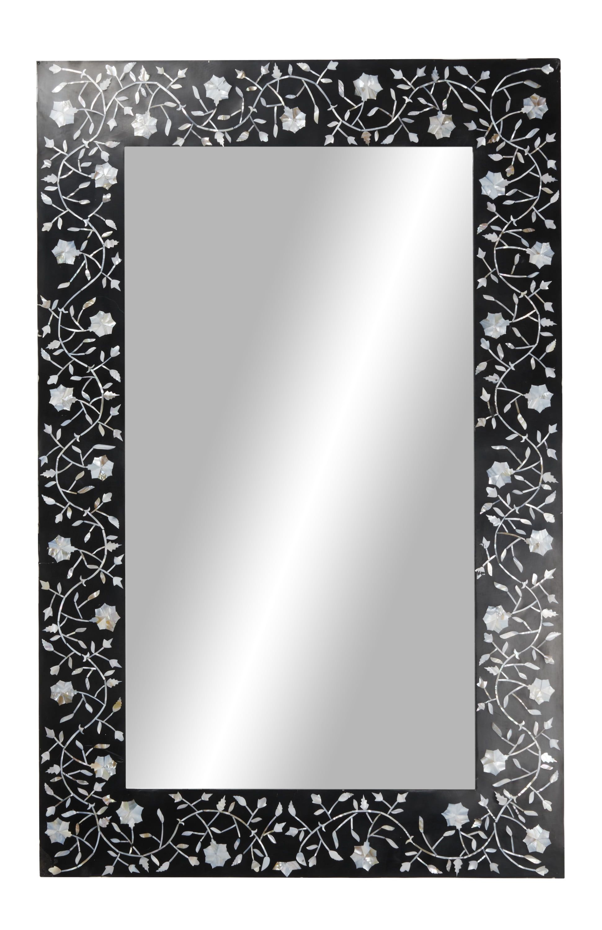 Rectangular Black Wood Wall Mirror with Floral Inlay