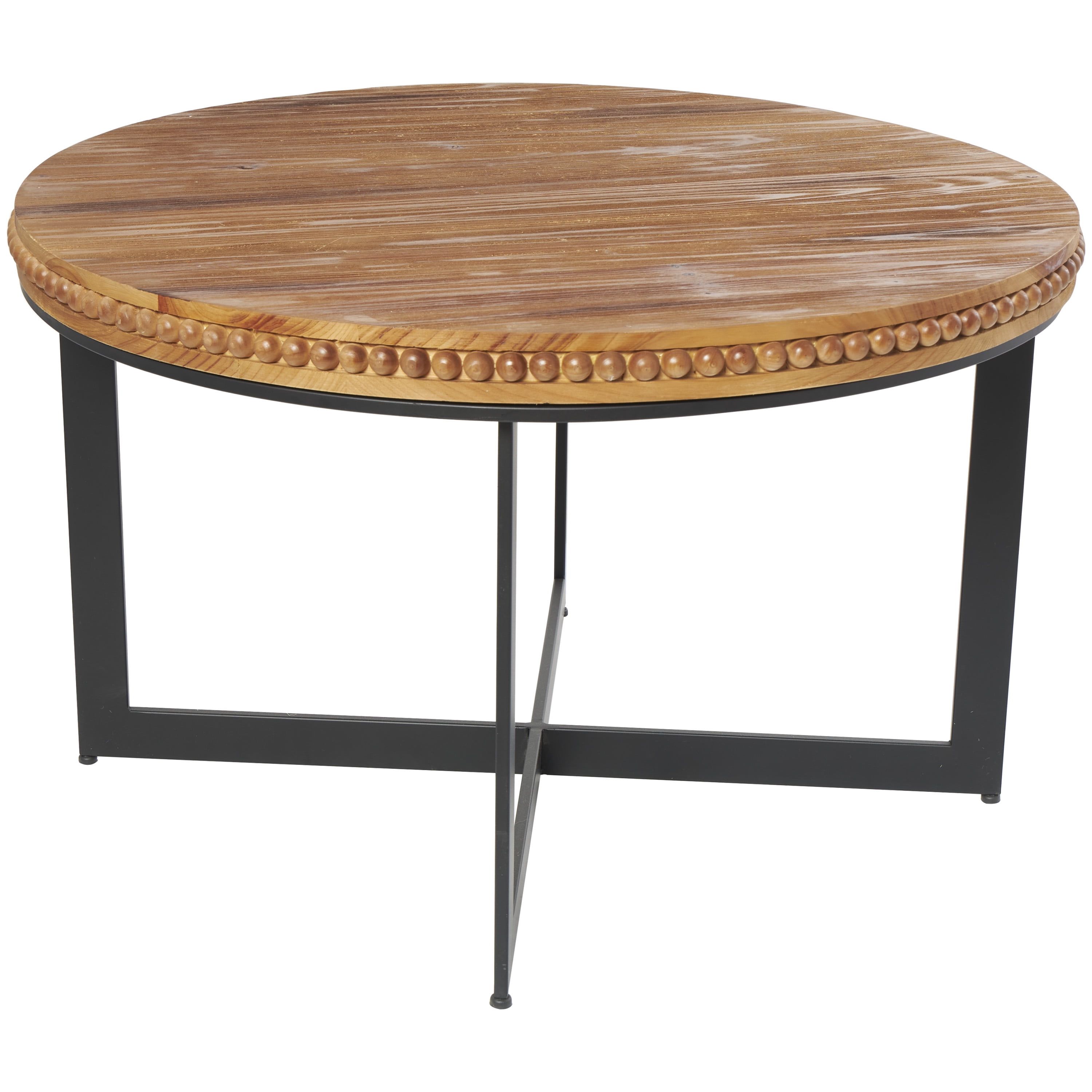 Beaded Edge Brown Wood Round Coffee Table with Metal Accents