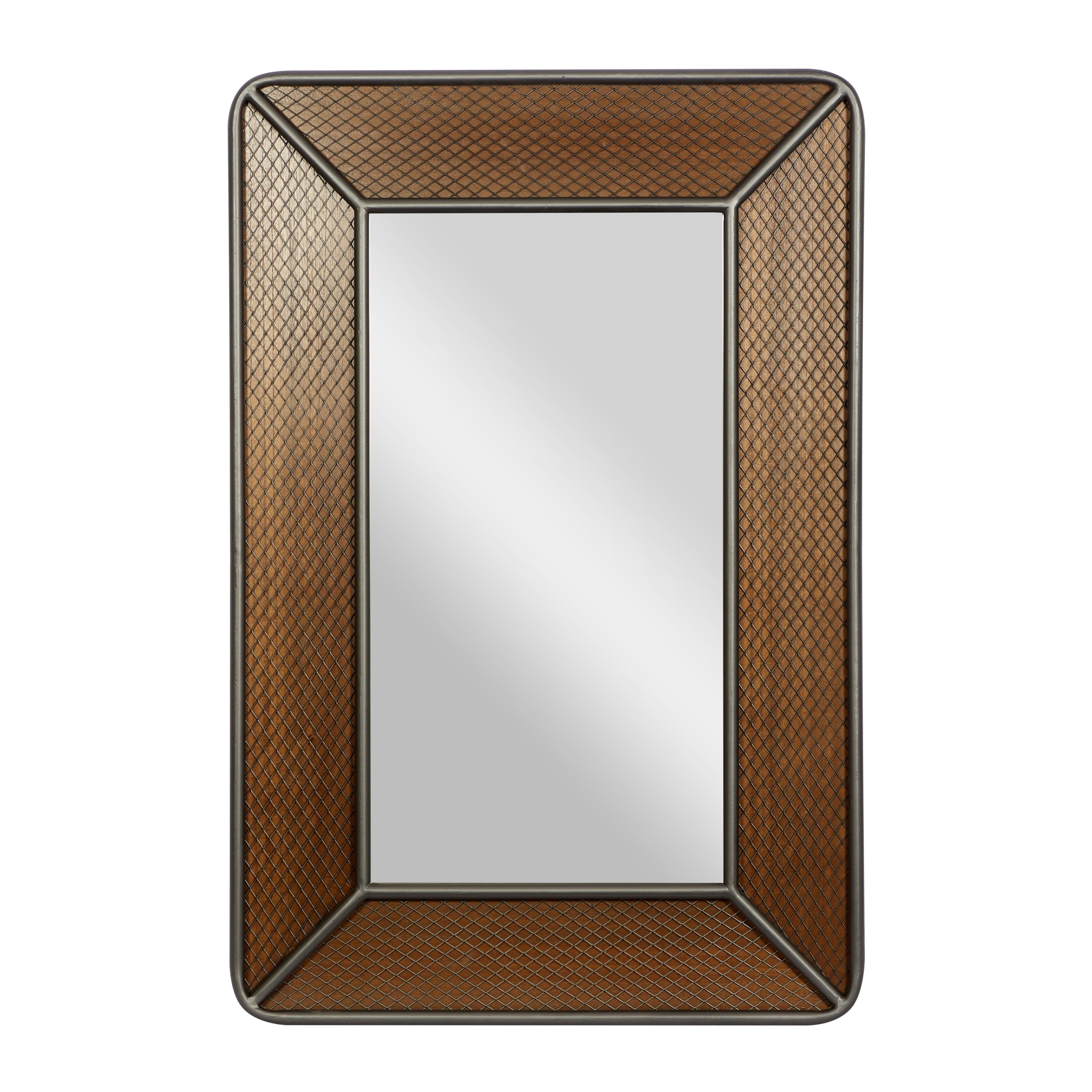 Brown Rectangular Wood Wall Mirror with Netting Frame