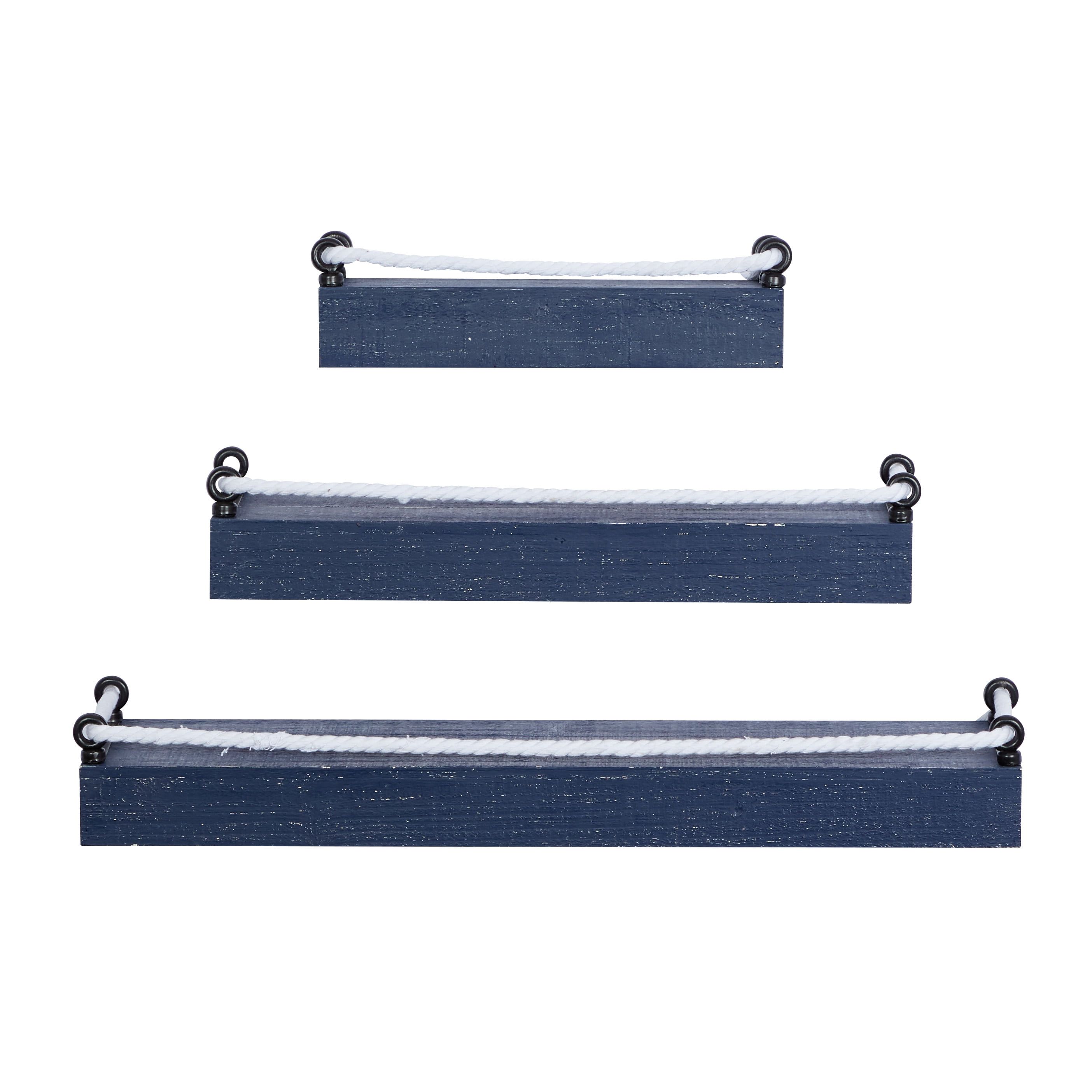 Blue and White Nautical Wood Floating Wall Shelves, Set of 3