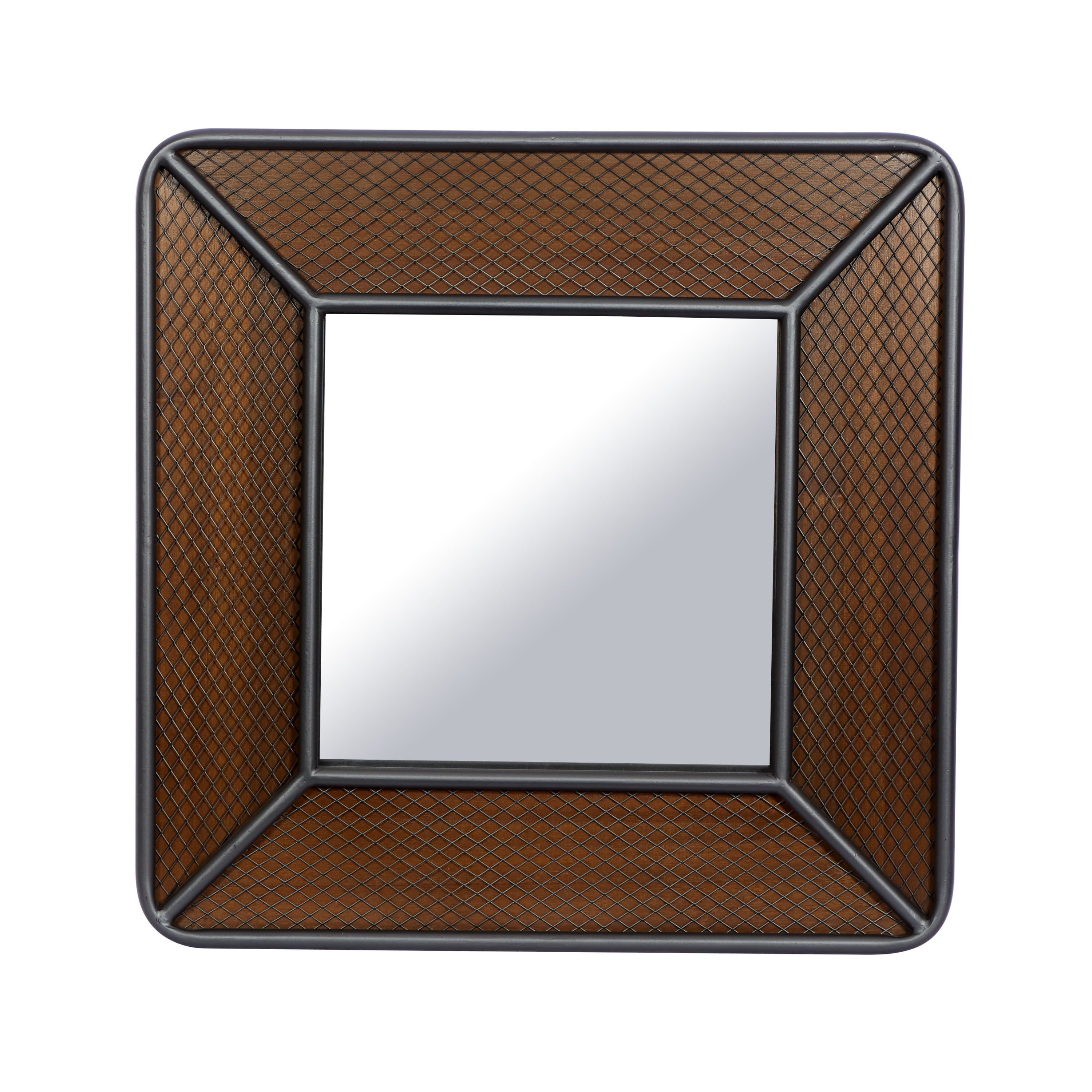 Handcrafted Solid Wood Square 32" Industrial Wall Mirror, Brown