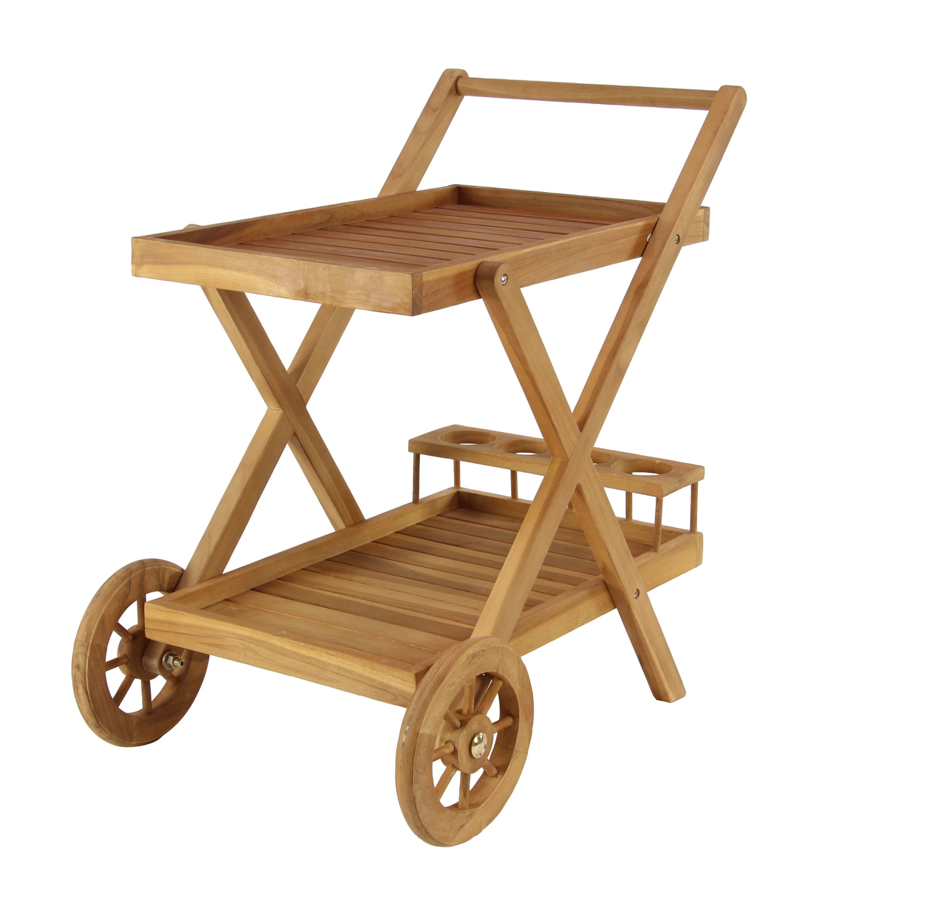 Brown Teak Wood Indoor Outdoor Rolling Bar Cart with Wine Rack