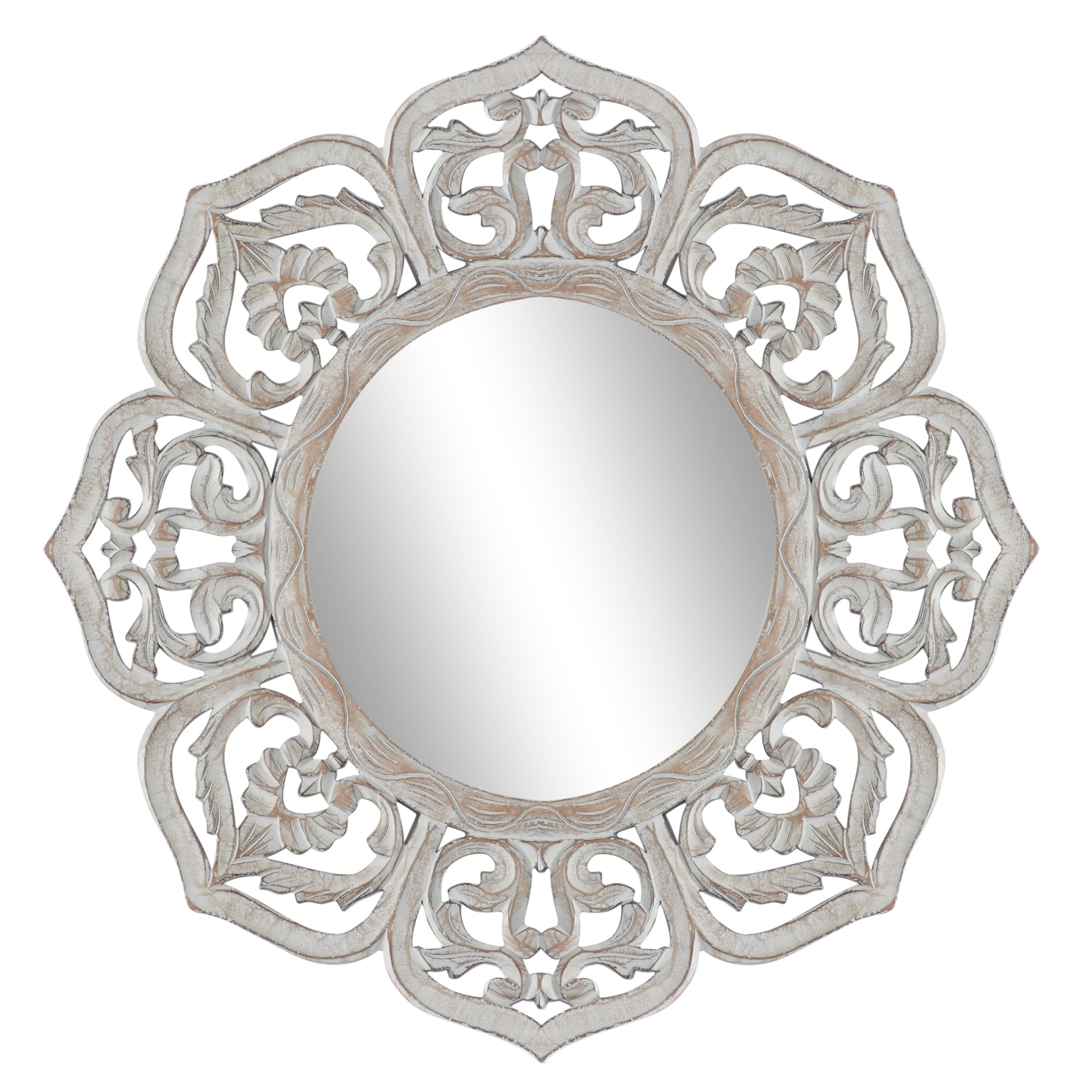 32" Distressed White Carved Floral Round Wall Mirror