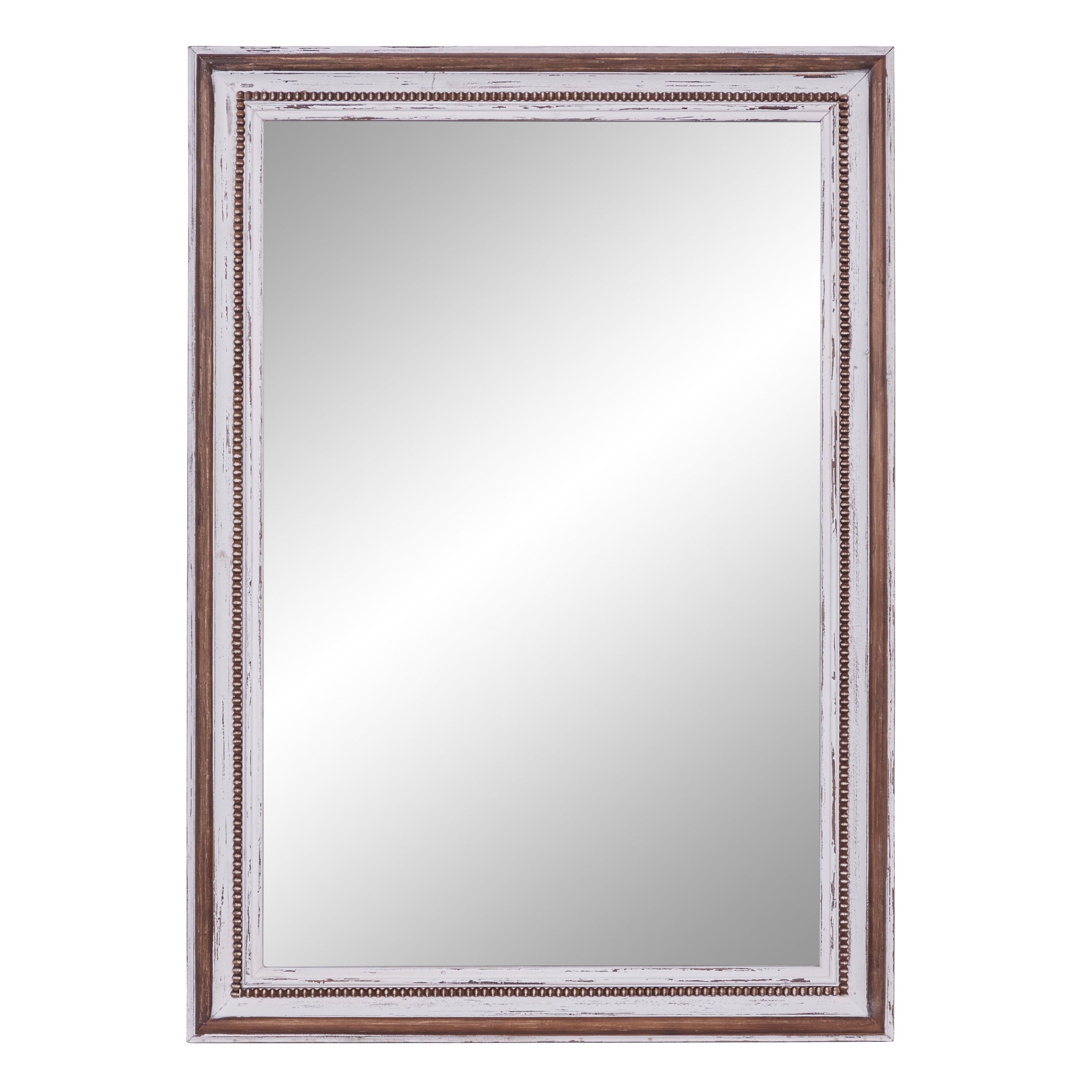 Brown Wood Rectangular Wall Mirror with Beaded Perimeter