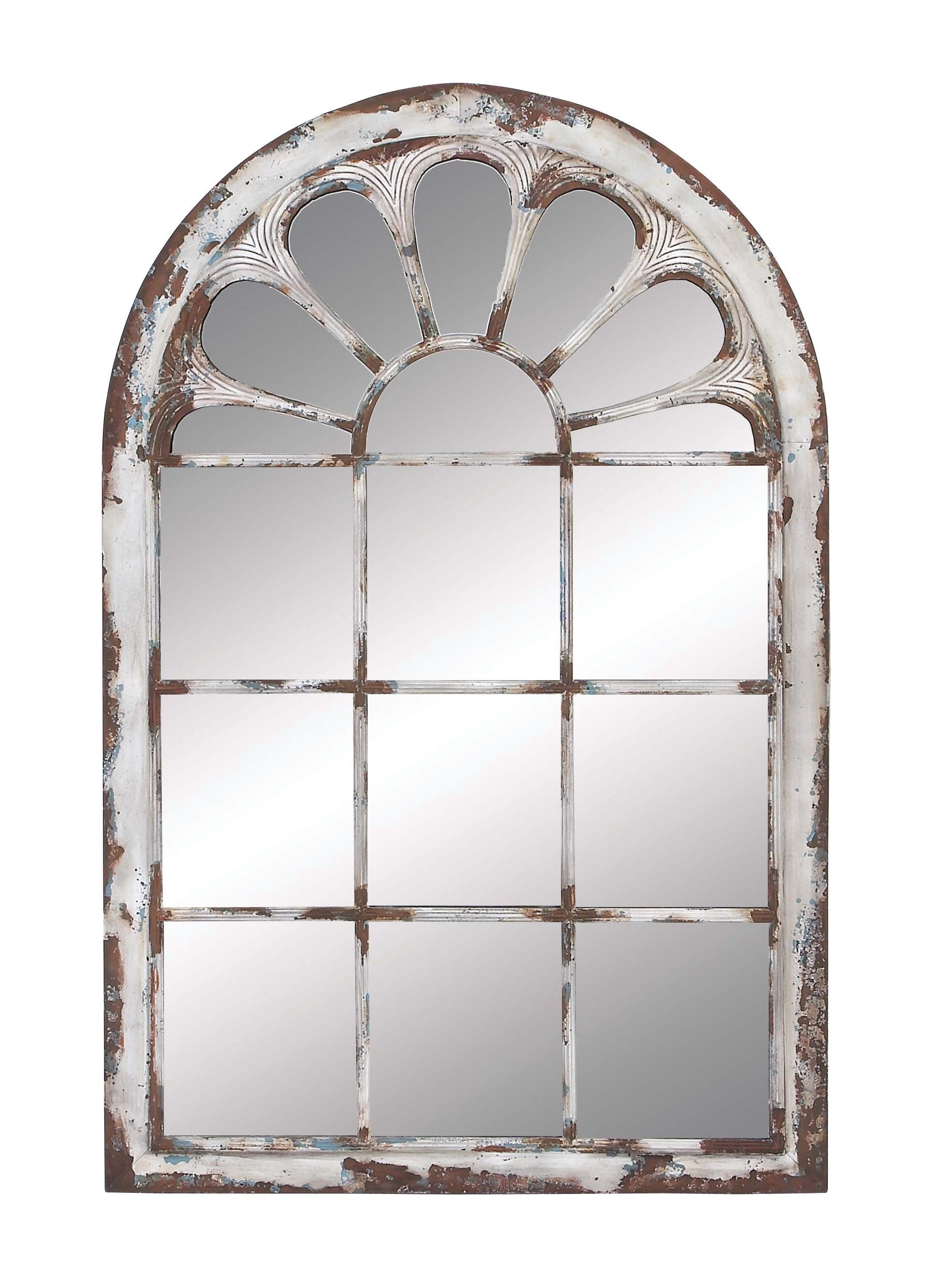 White Distressed Wood Arched Windowpane Wall Mirror