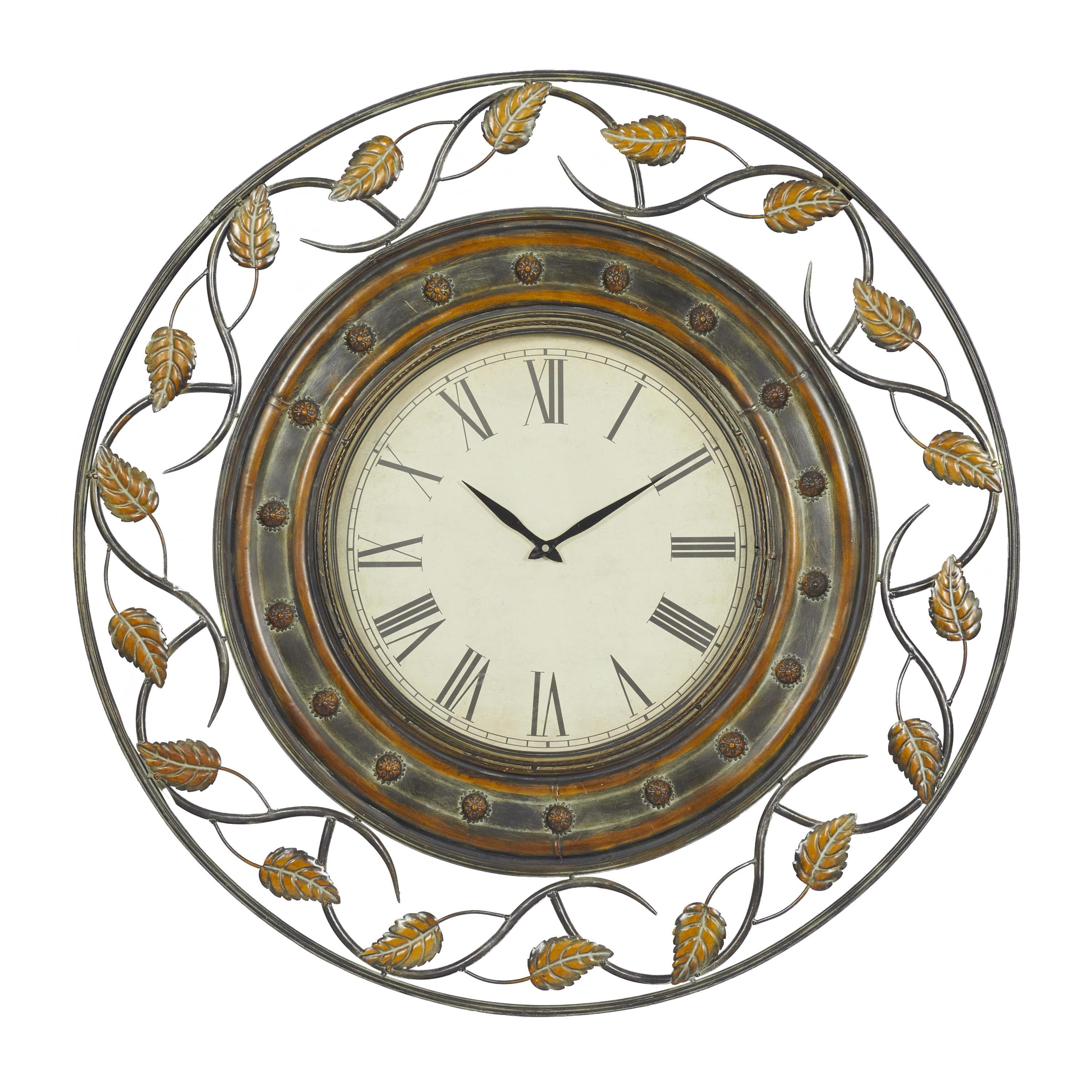 36'' Brown Metal Leaf Medallion Wall Clock with Scrolled Vines