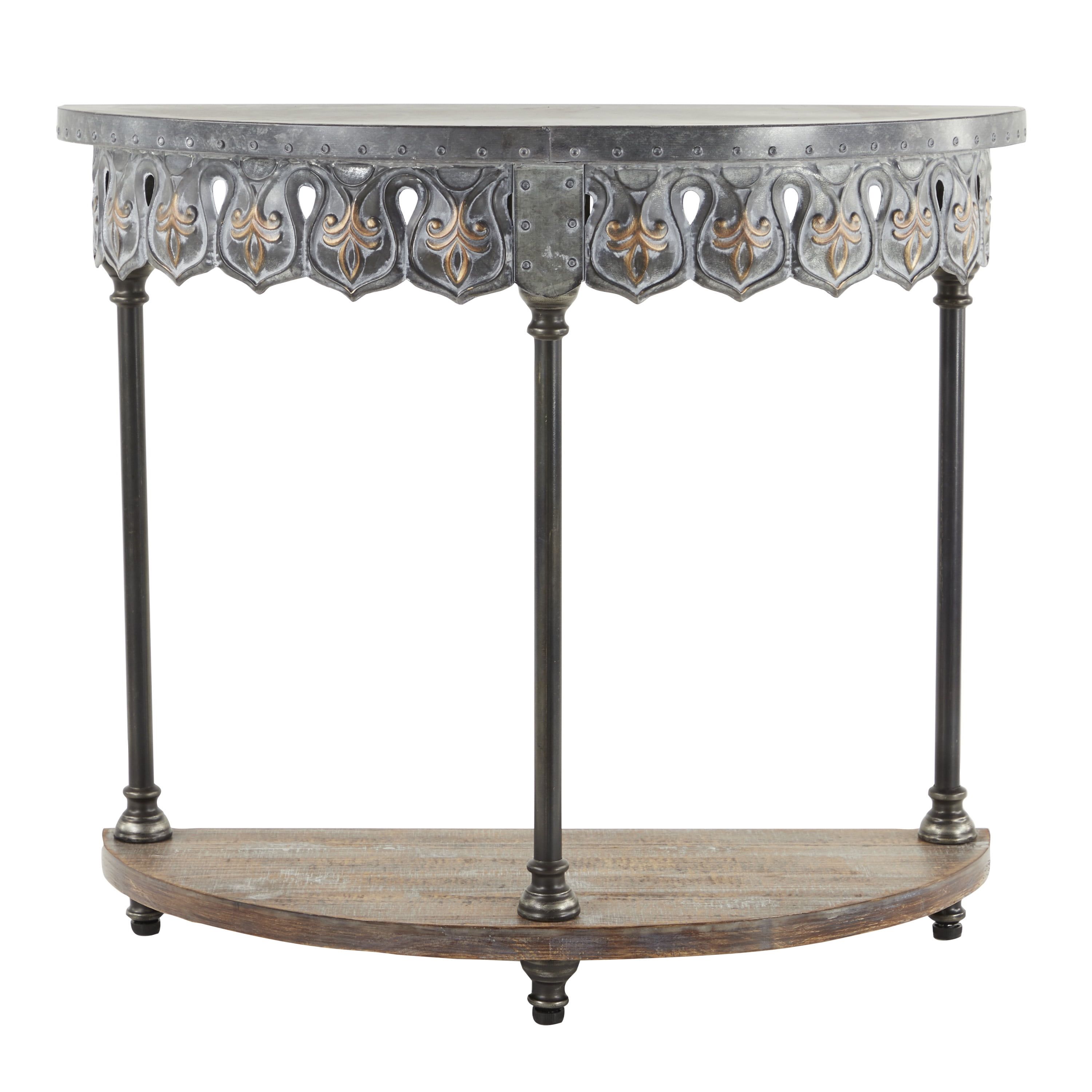 Gray Metal and Wood Demilune Console Table with Storage