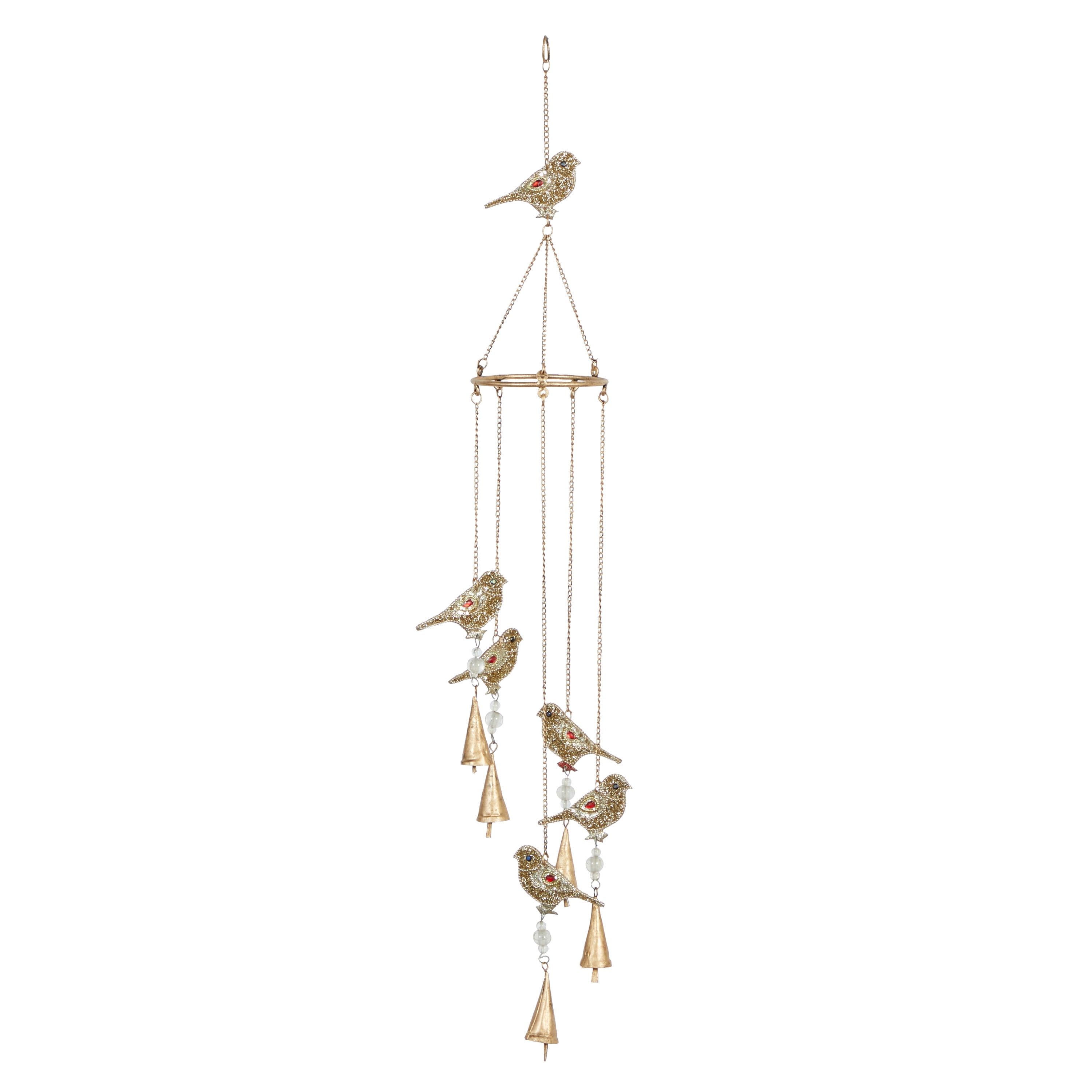 Gold Metal Bird Windchime with Glass Beads and Bells