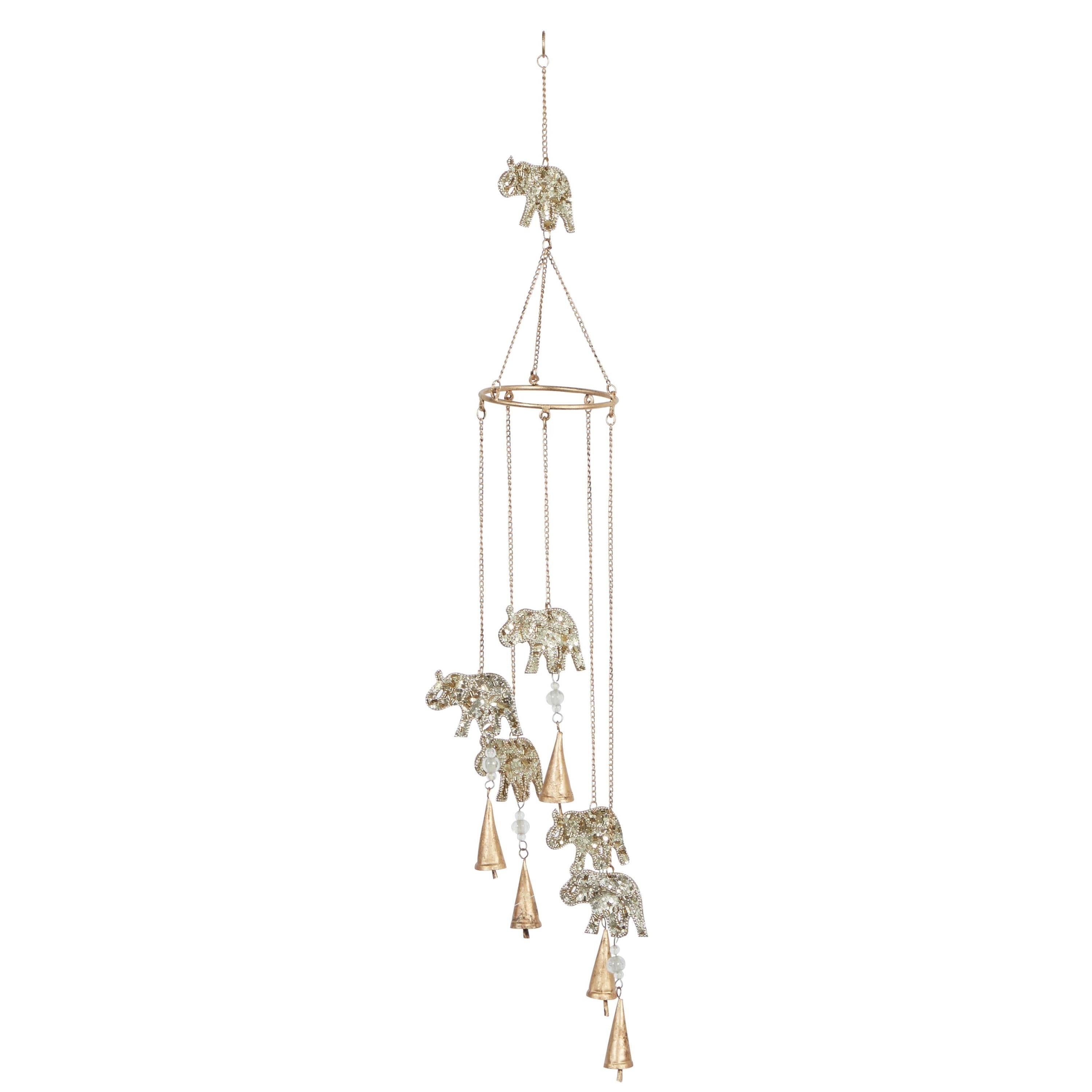 Gold Metal Elephant Windchime with Glass Beads and Bells