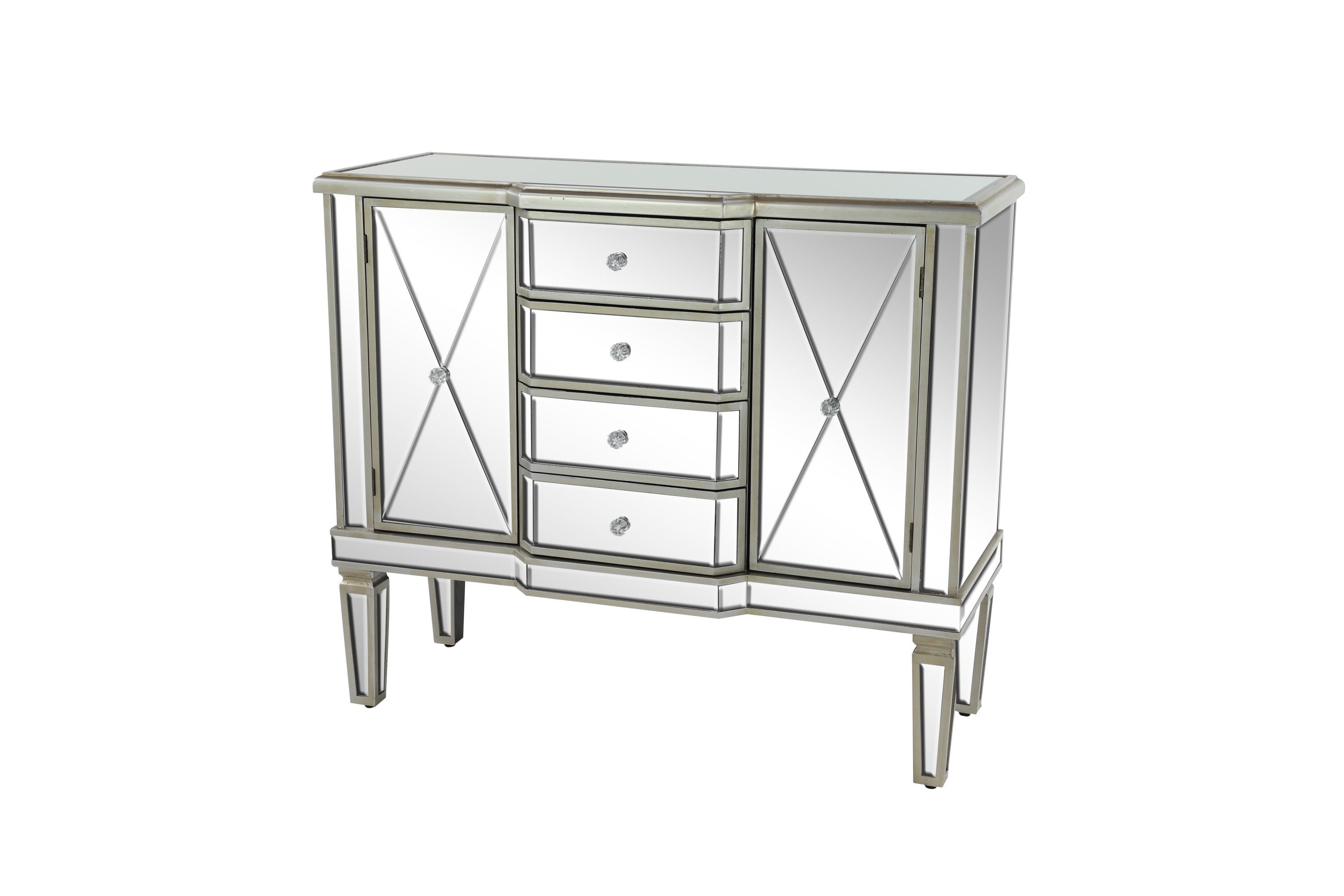 Silver Mirrored Wood Buffet with Drawers and Shelves