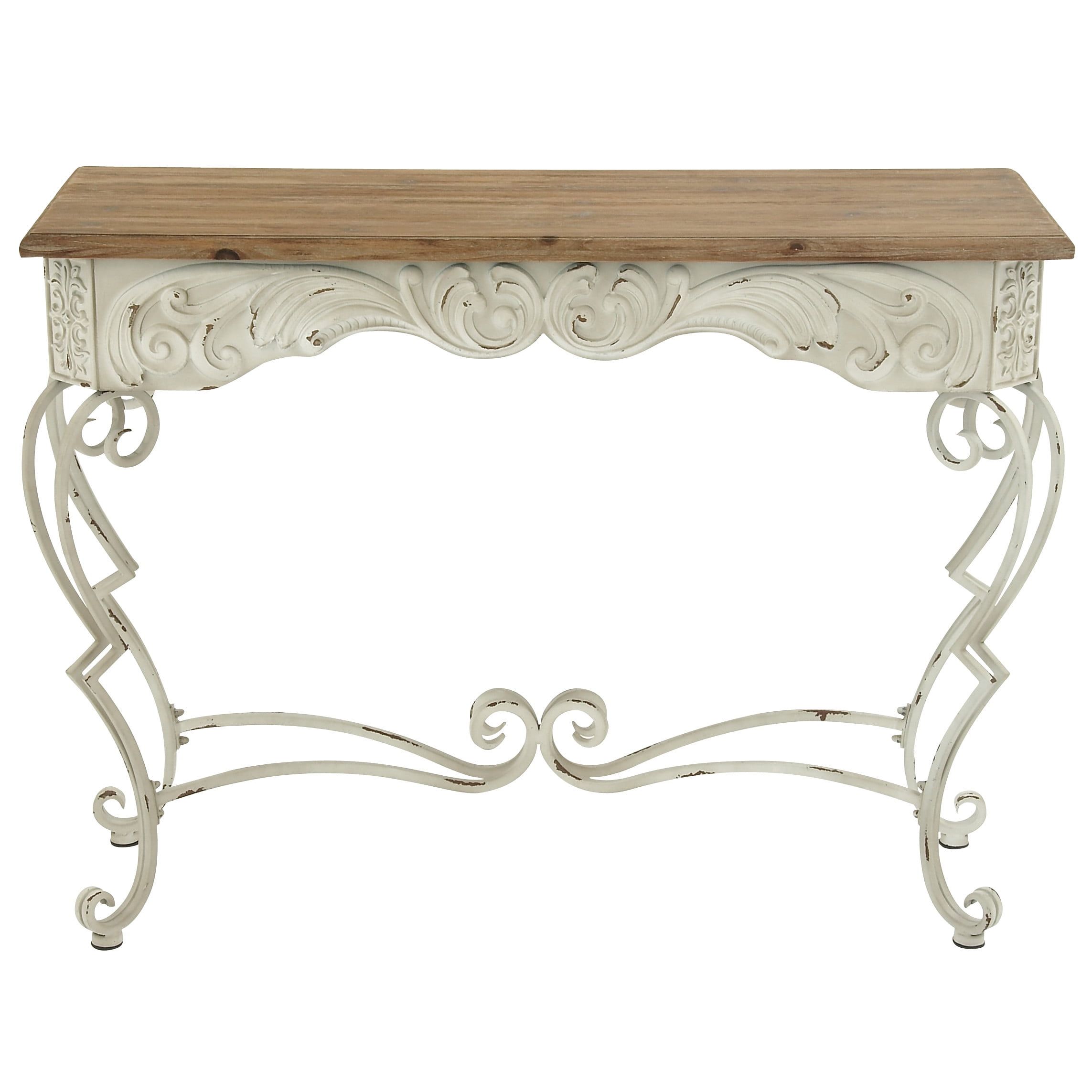 French Provincial White Metal Scroll Console Table with Fir Wood Top