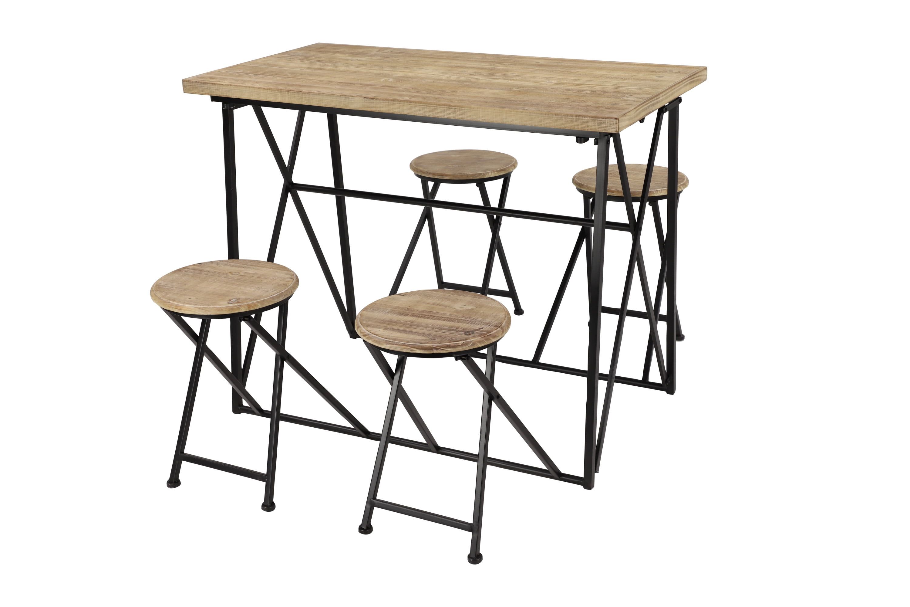 Compact Light Brown Wood & Black Metal Folding Dining Table Set