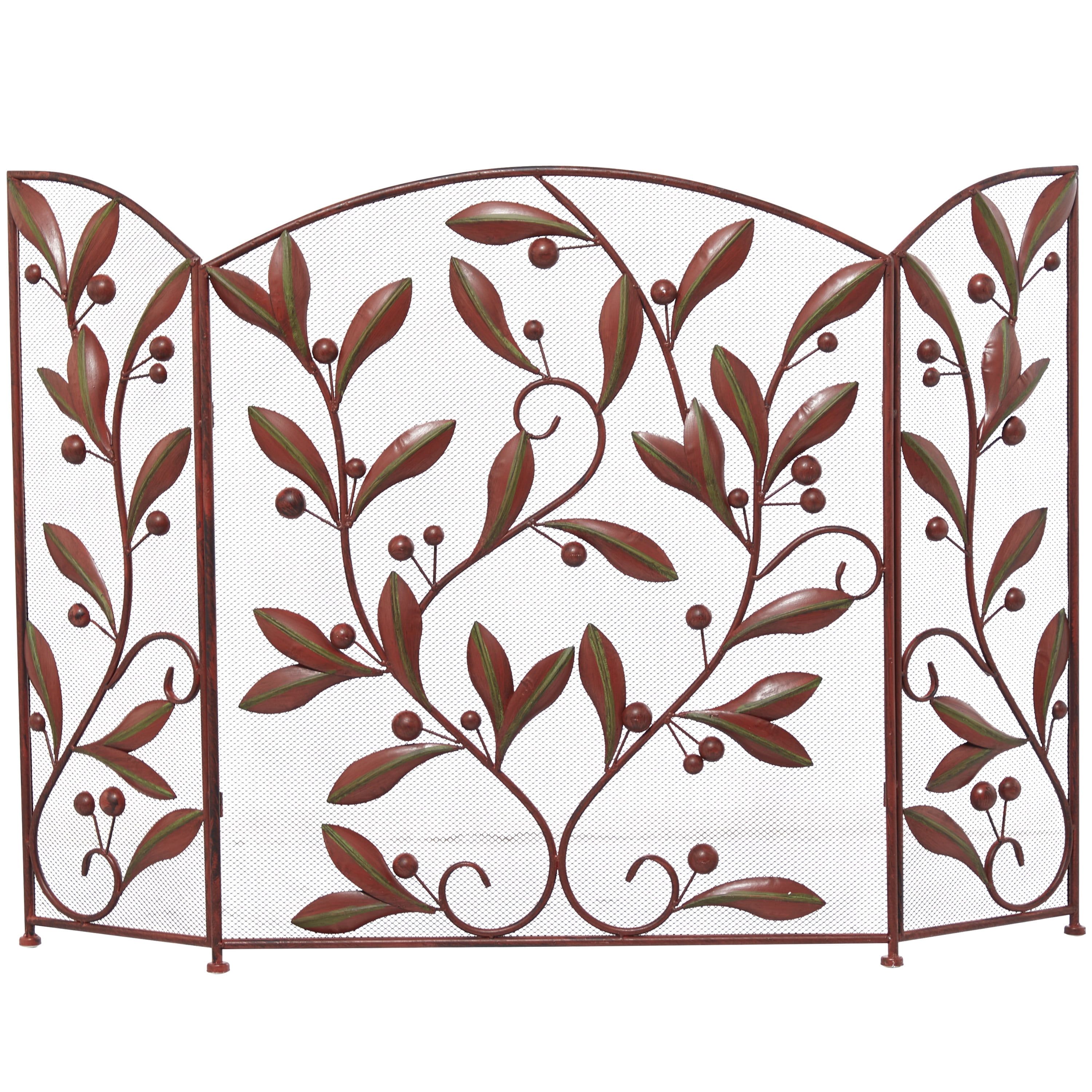 Red Metal Mesh Three-Panel Fireplace Screen with Leaf Design