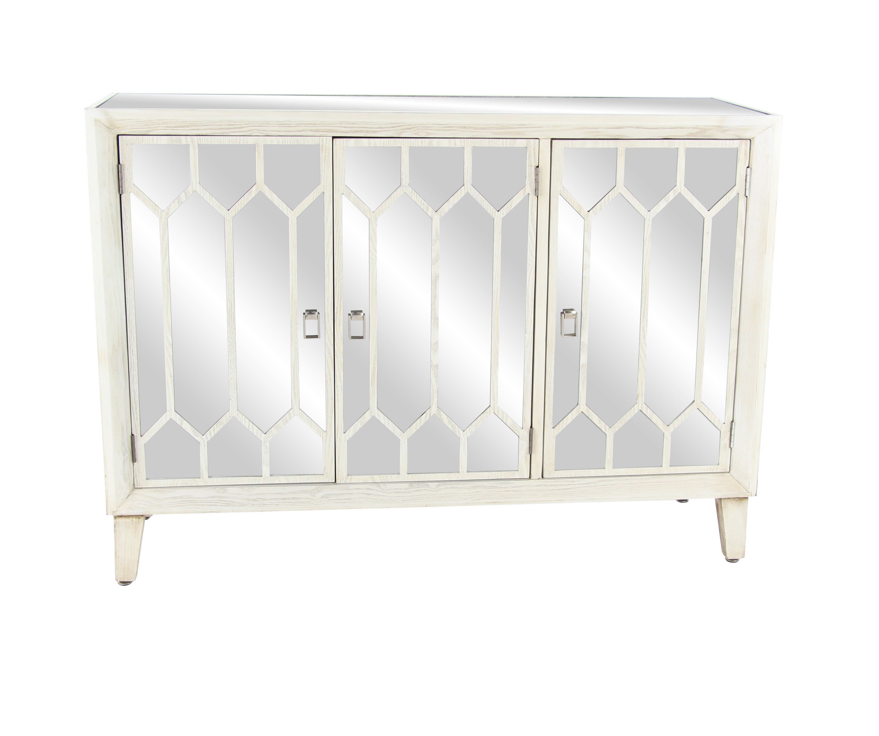 Elegant White Wood and Mirrored 3-Door Freestanding Cabinet