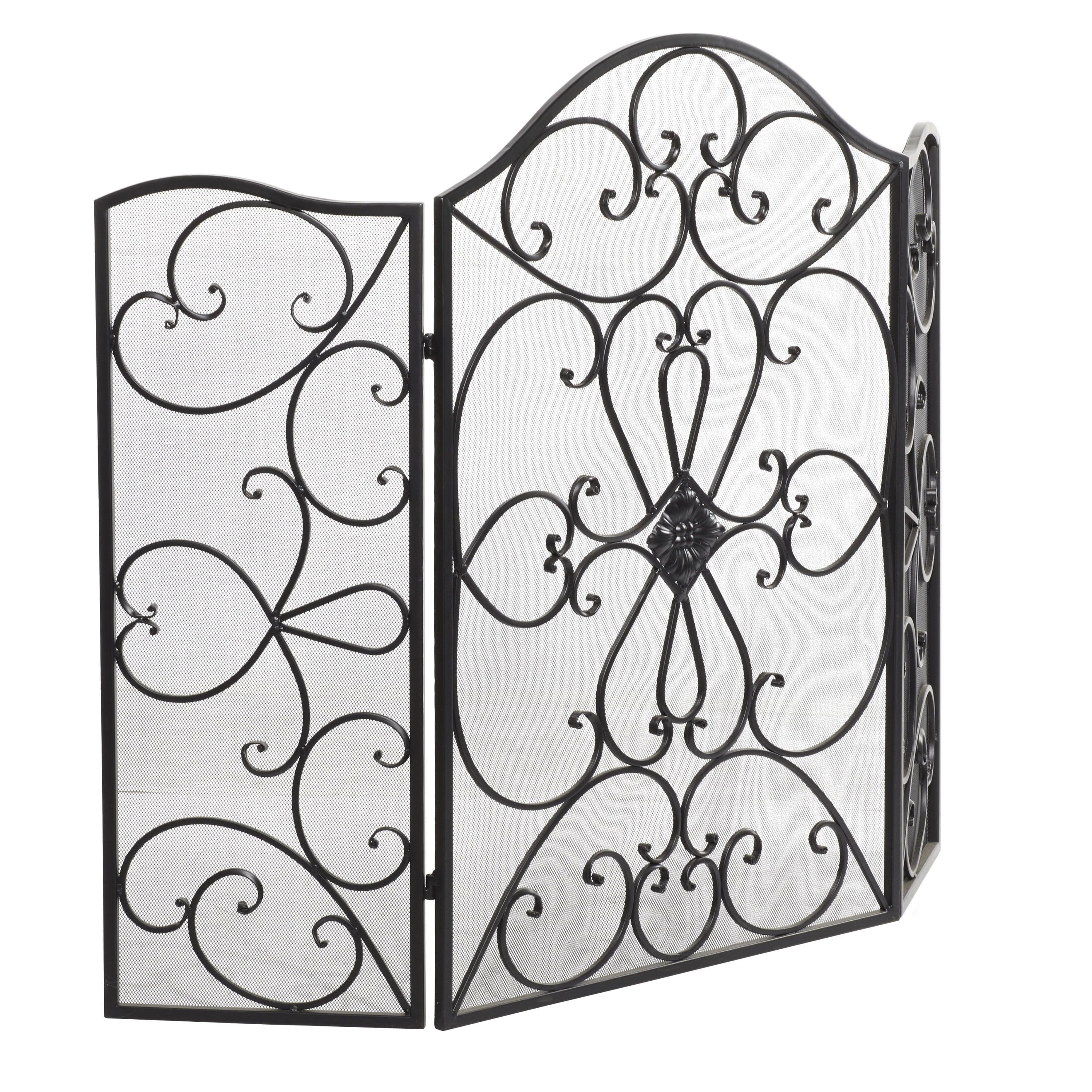 Black Metal Scroll 3-Panel Mesh Fireplace Screen