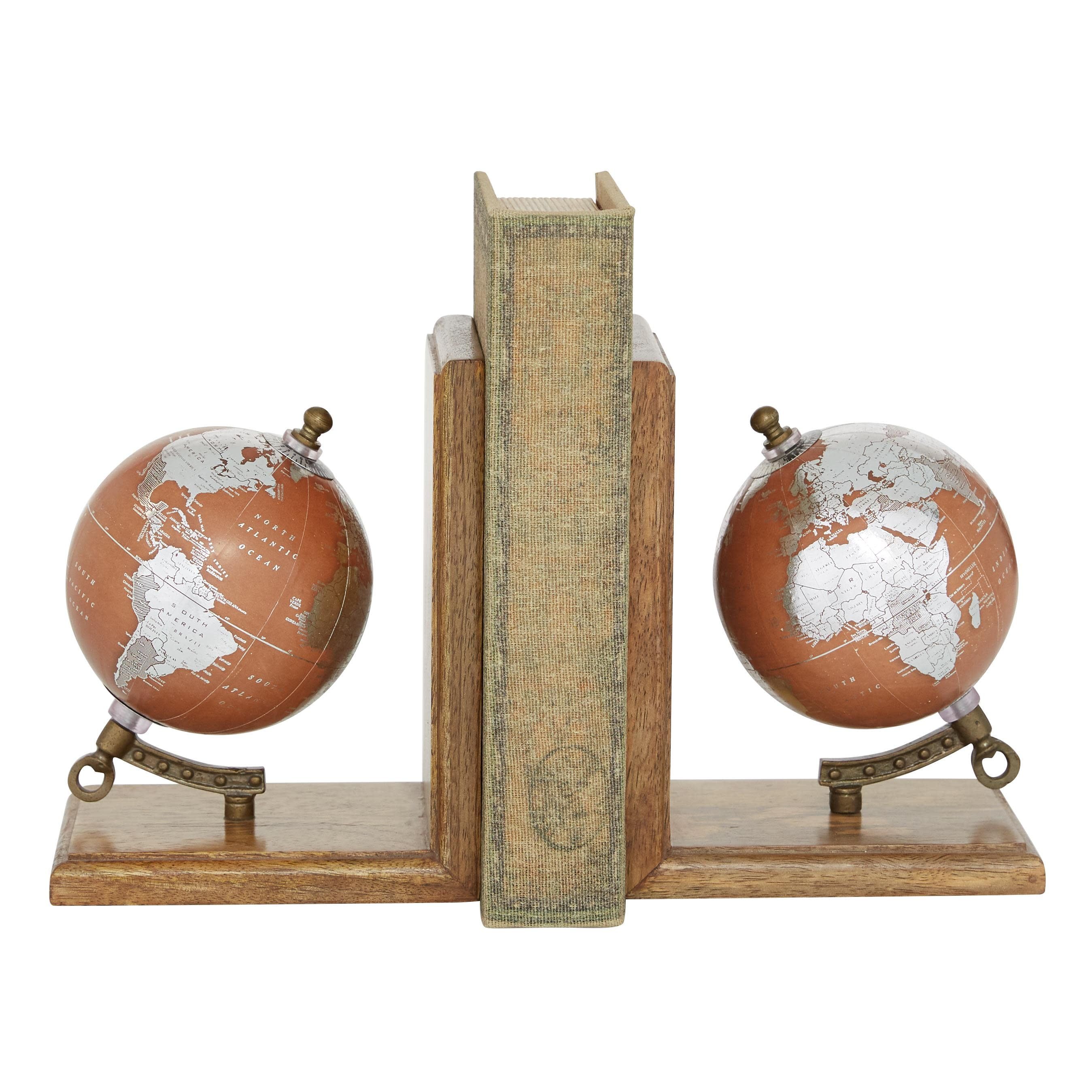 Brown Wood and Glass Globe Bookends Set of 2