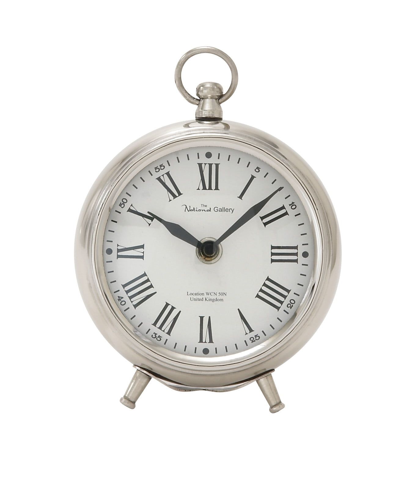 Silver Stainless Steel Vintage Table Clock with Ring Top, 6"