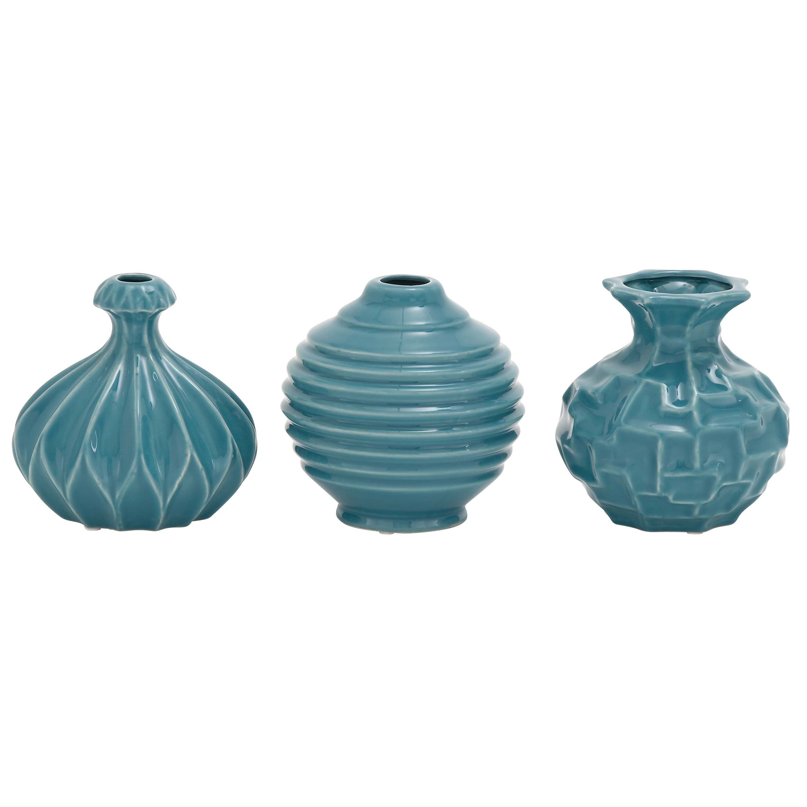 Polished Blue Ceramic Bud Vase Trio, Modern Indoor Decor