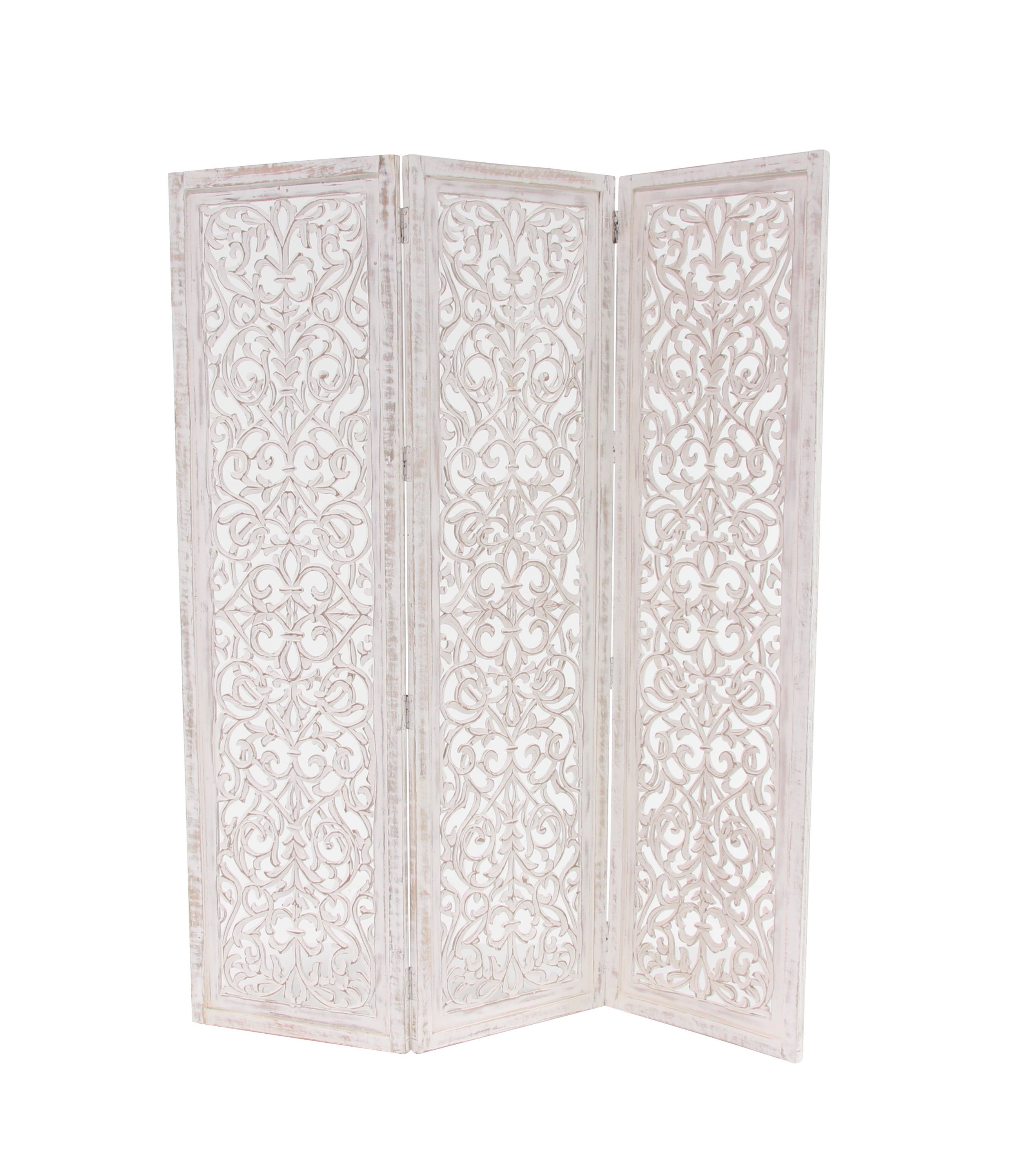 Whitewashed Wood Floral Carved 3-Panel Room Divider