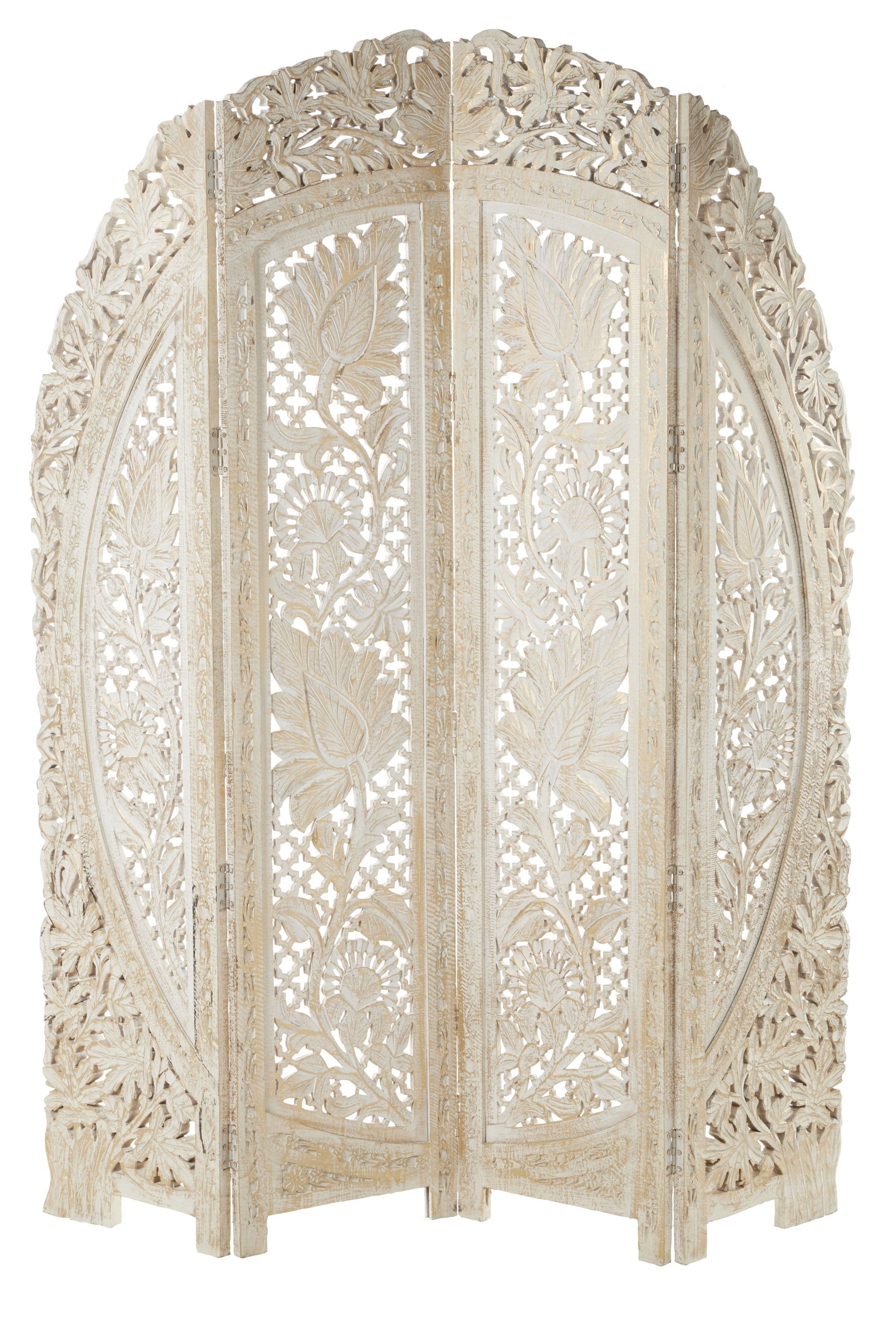 White Floral Carved Wood 4-Panel Folding Room Divider