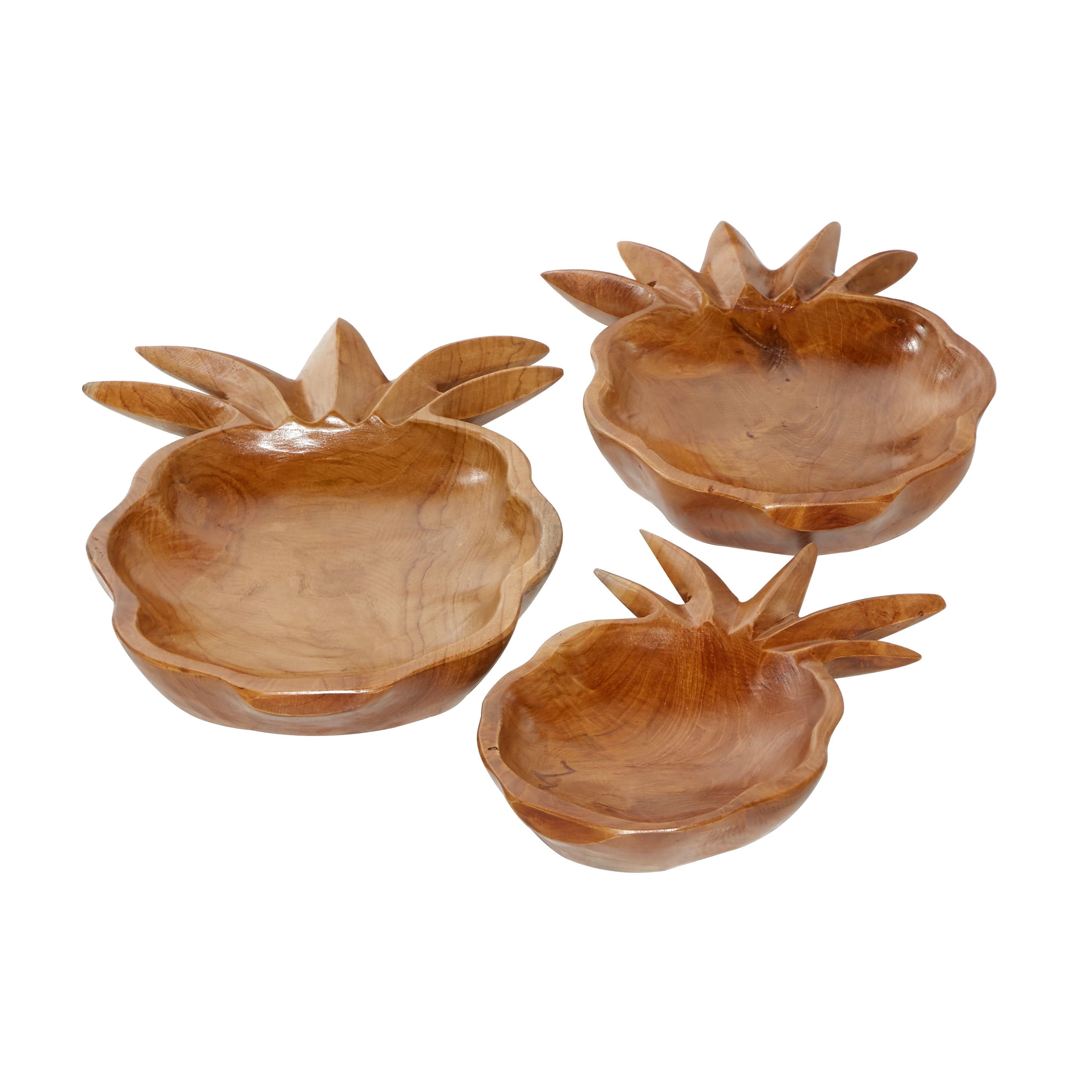 Teak Wood Handcrafted Pineapple-Shaped Decorative Bowl Set, Brown