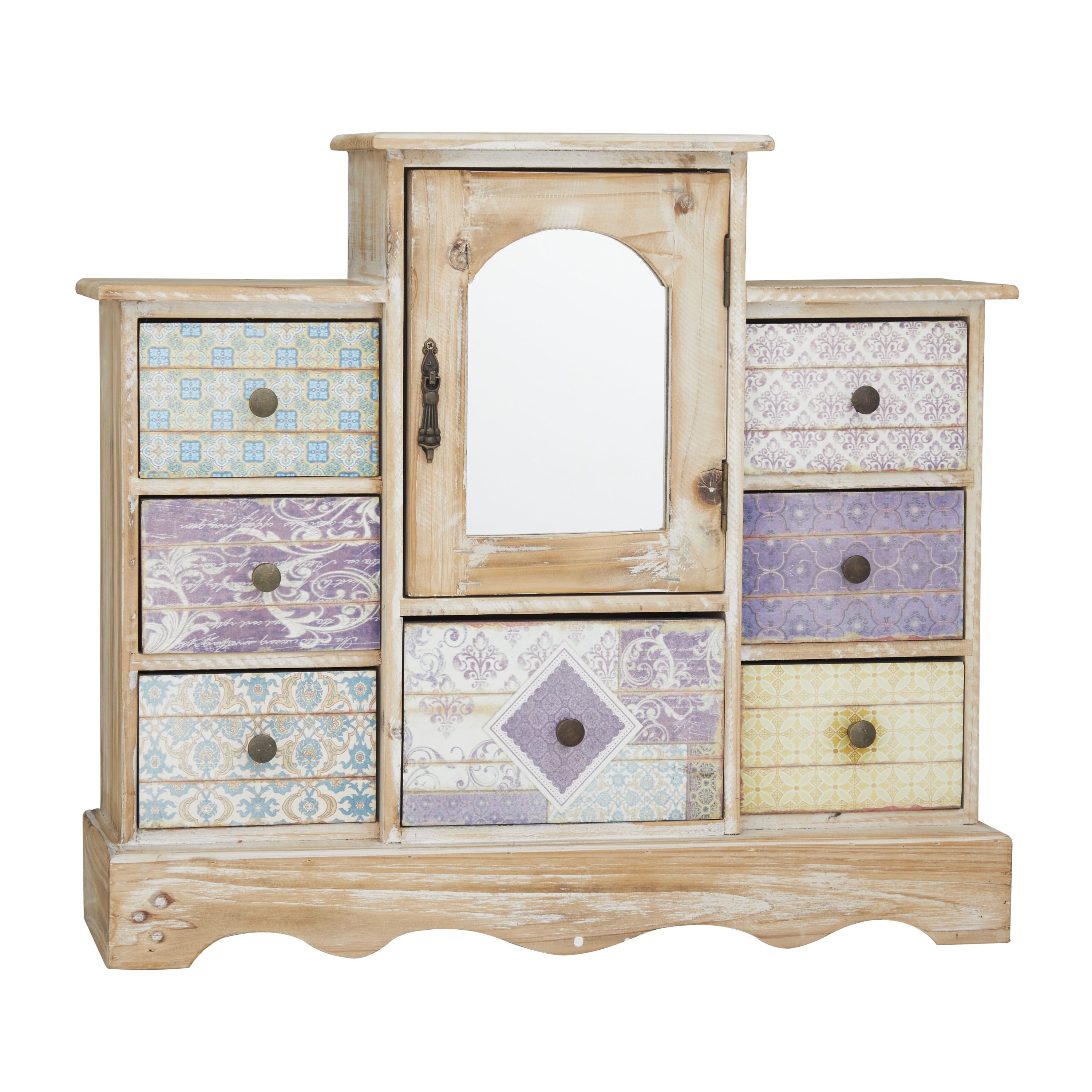 Light Brown Wooden Jewelry Cabinet with Patchwork Drawers