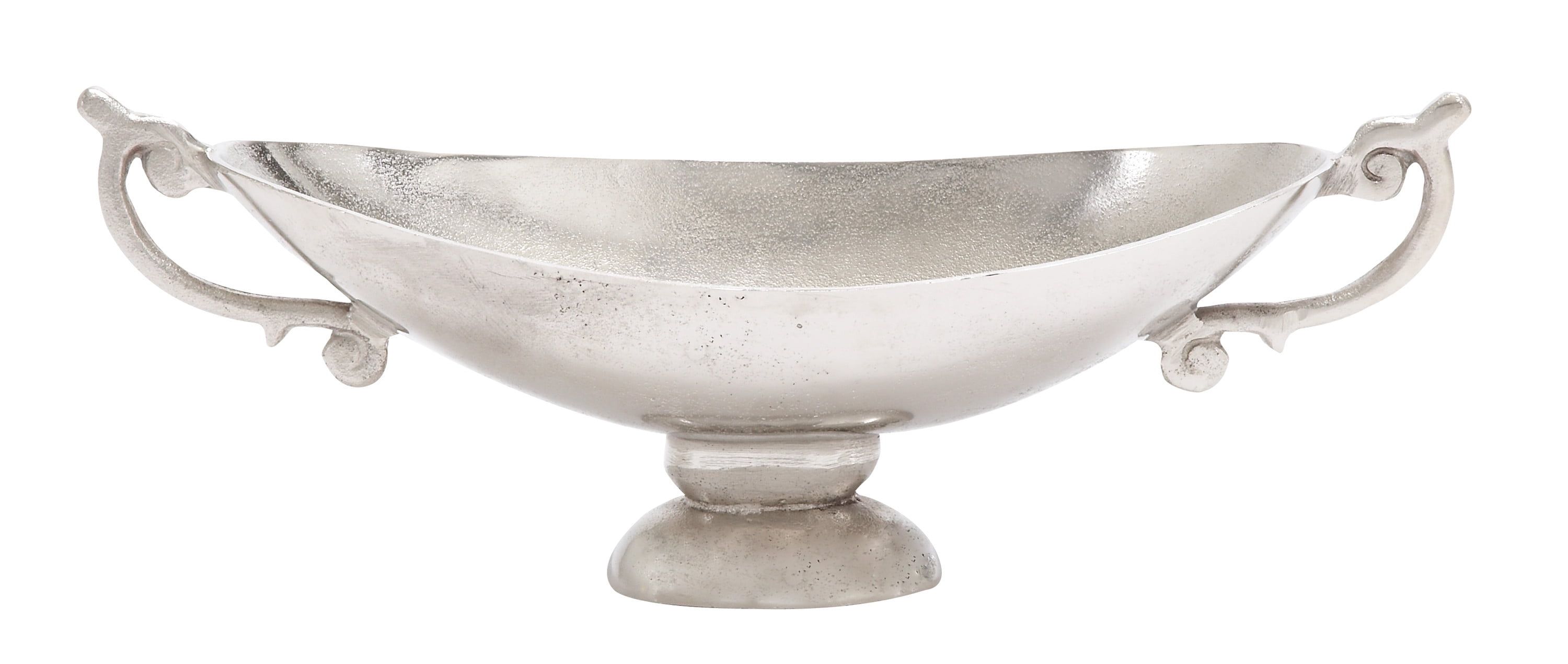 Silver Aluminum Decorative Bowl with Ornate Handles and Stand