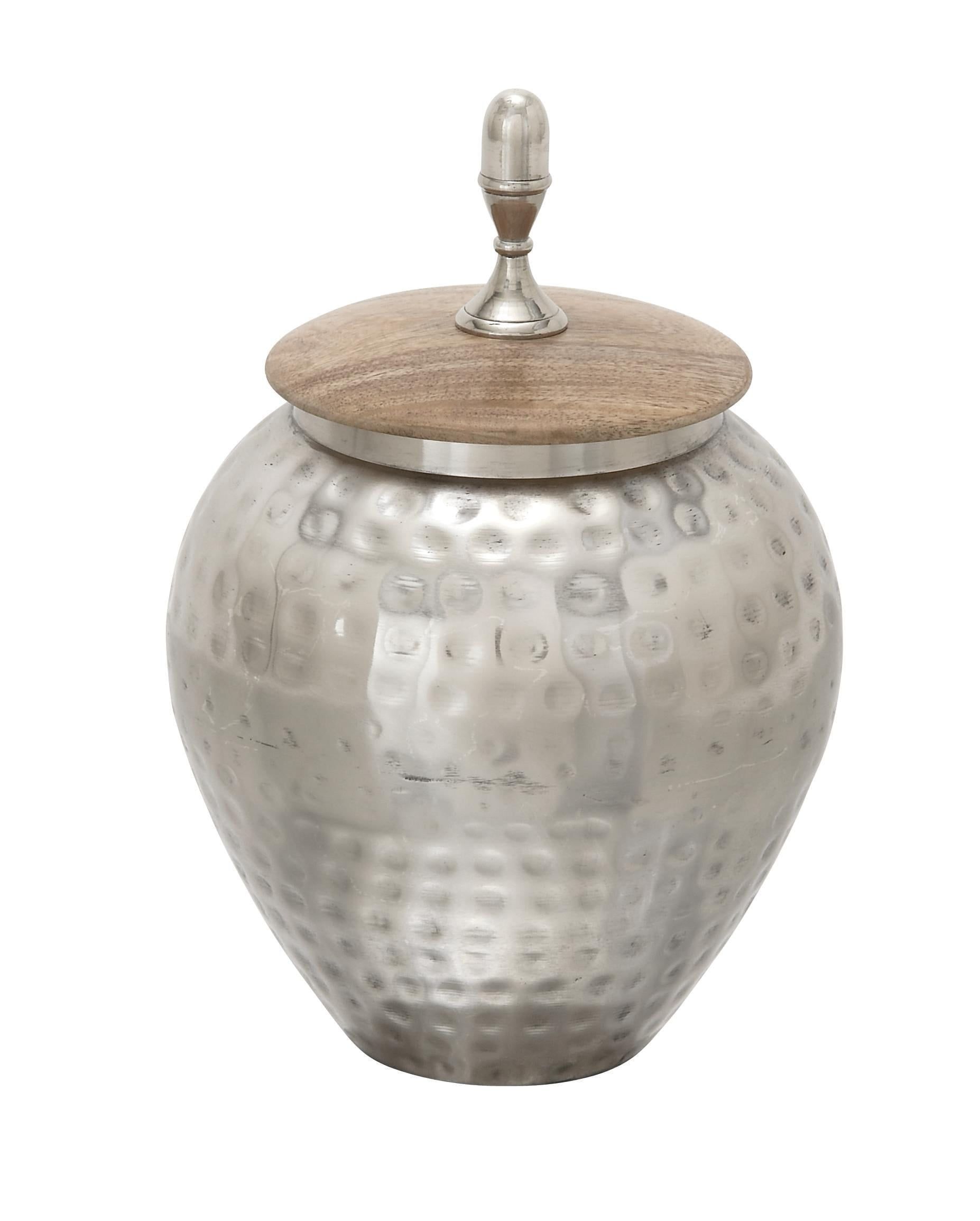 Tarnished Silver and Wood Abstract Decorative Jar 8" x 12"