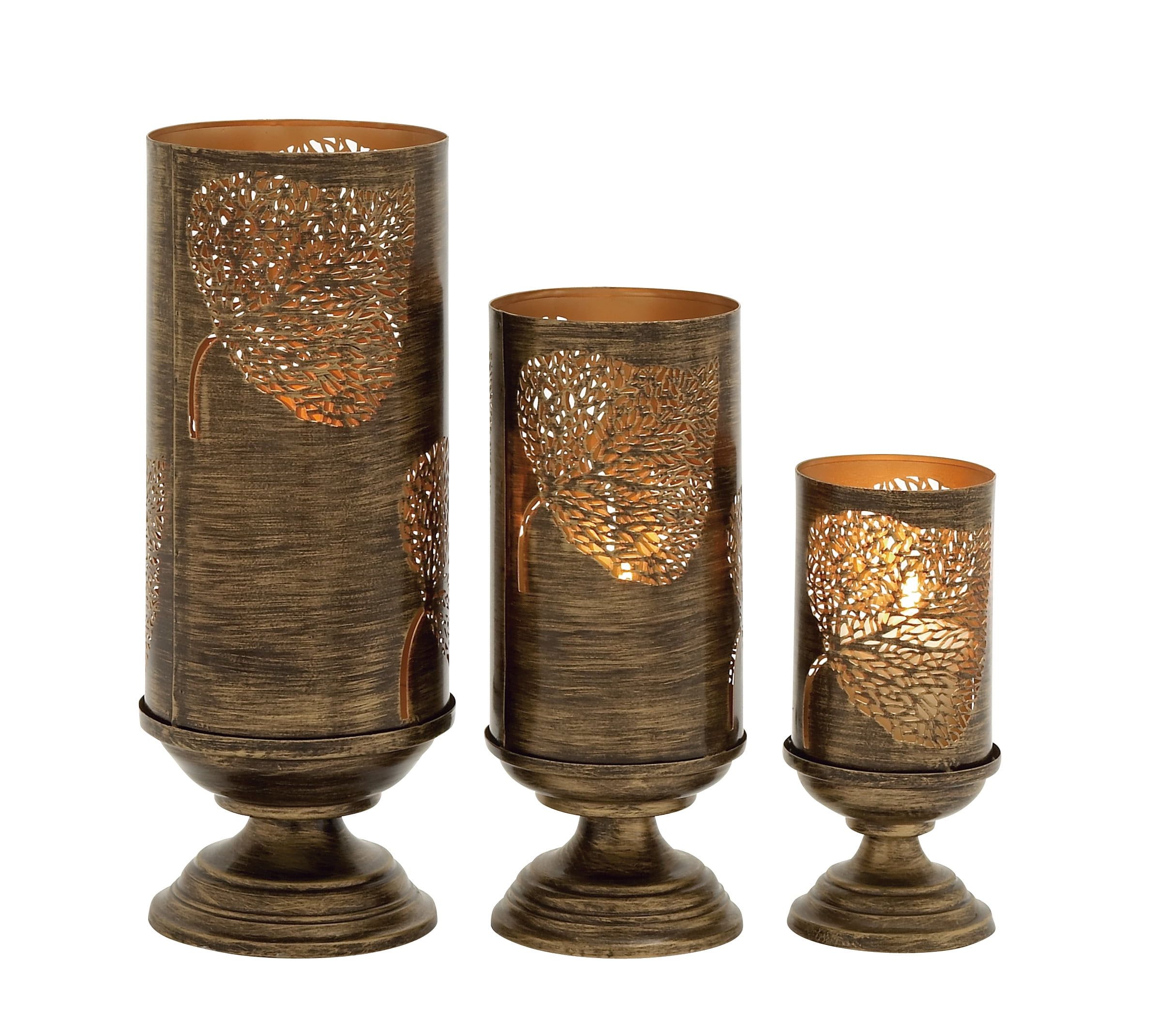 Bronze Leaf Pattern Metal Hurricane Candle Lantern Set