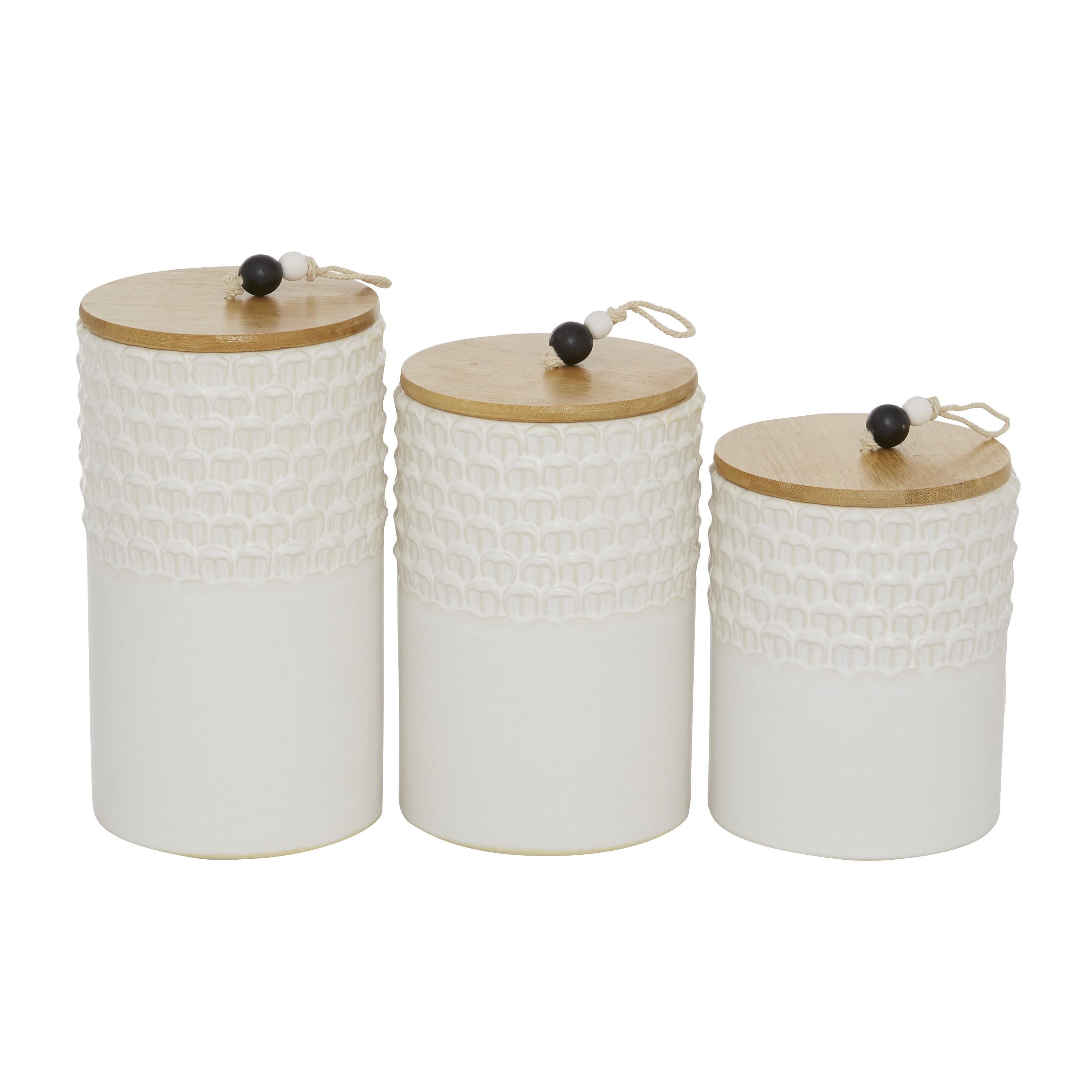 Charming White Ceramic Decorative Jar Trio with Wooden Lids