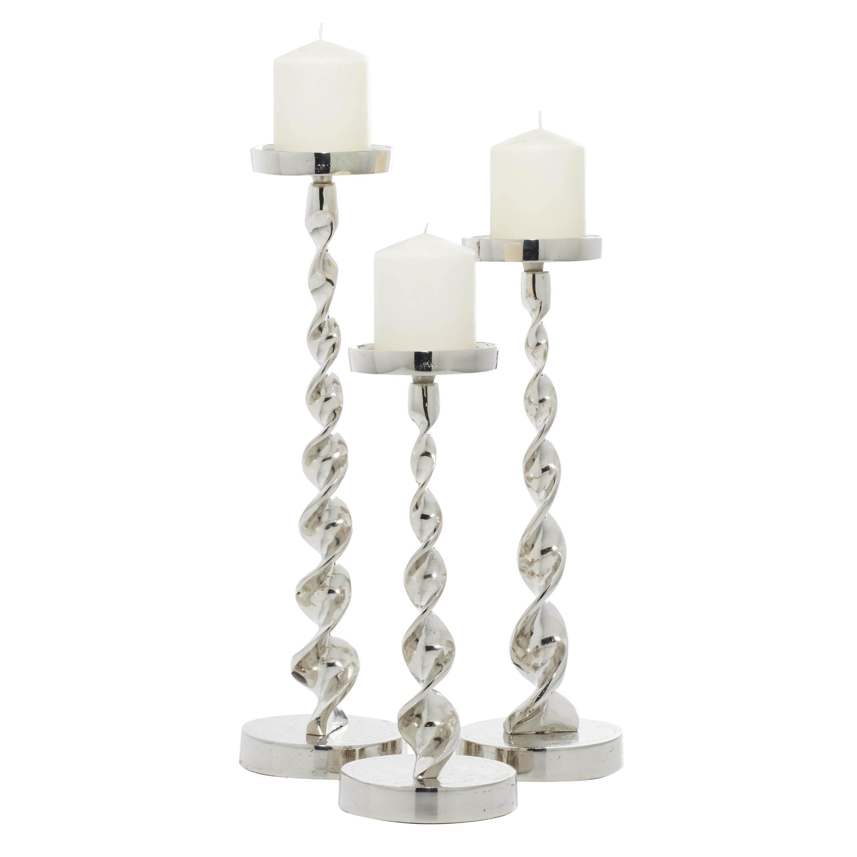 Silver Polished Aluminum Pillar Candlestick Set of Three