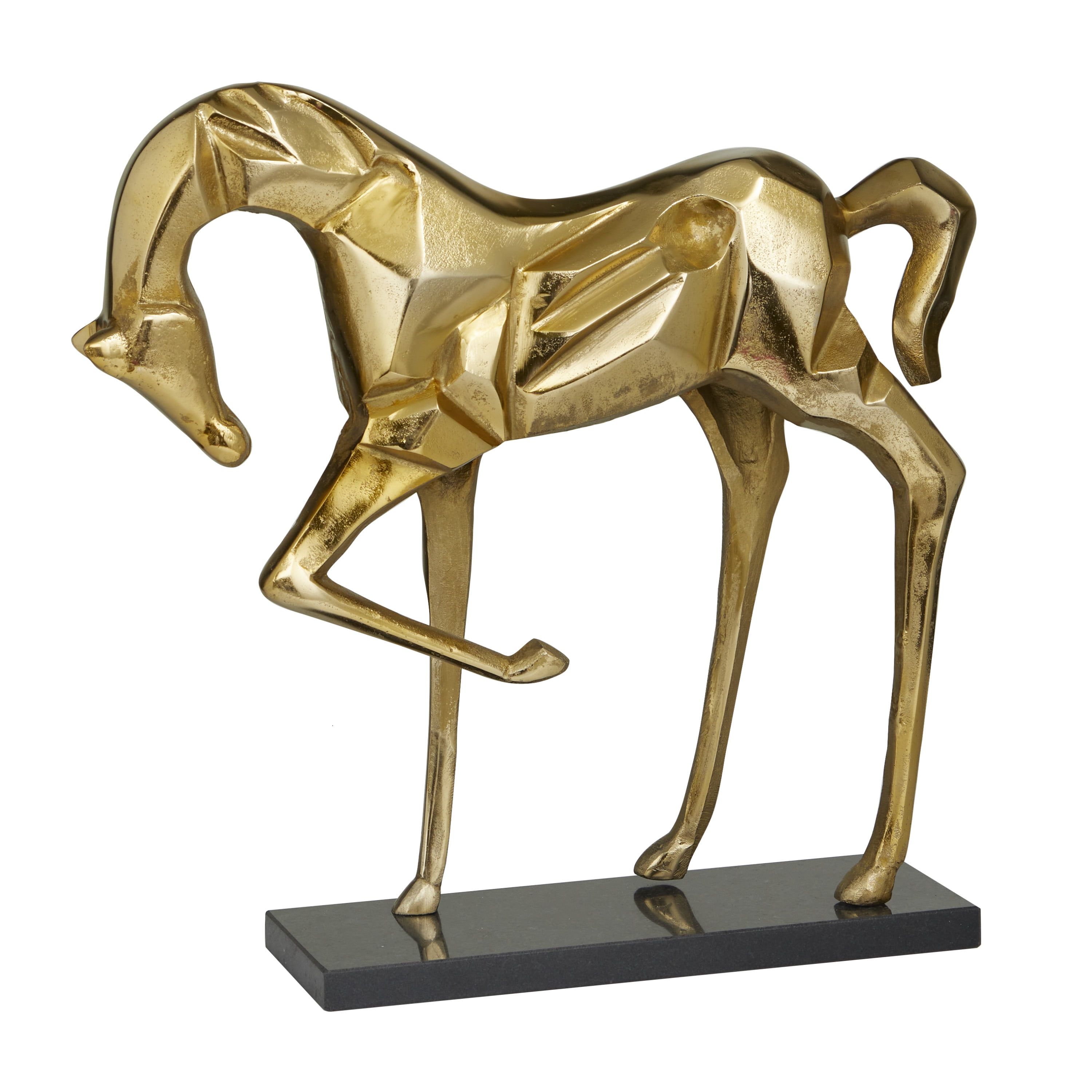 Gold Aluminum Horse Sculpture with Black Marble Base, 19"