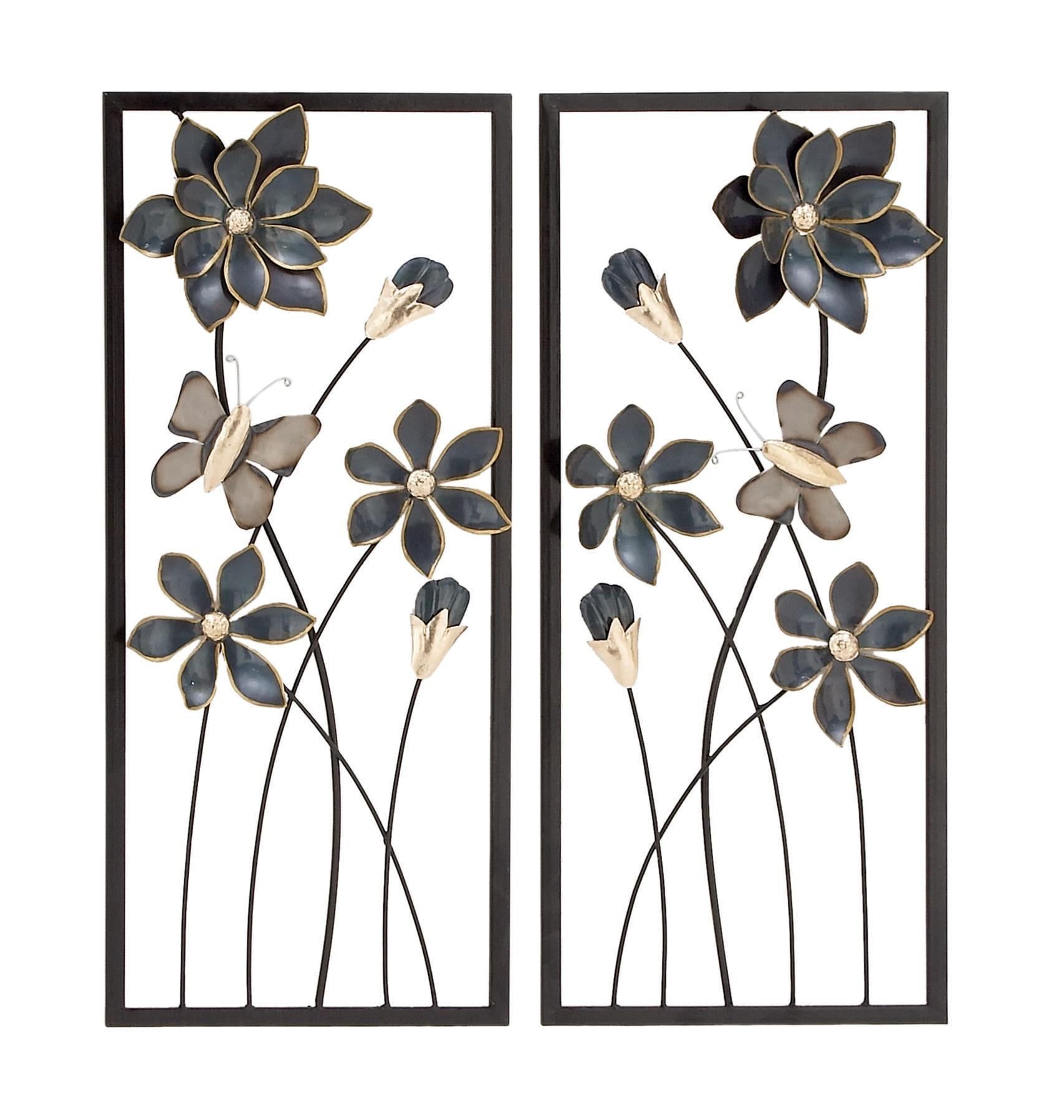 Teal and Black Metal Floral Wall Sculpture Set